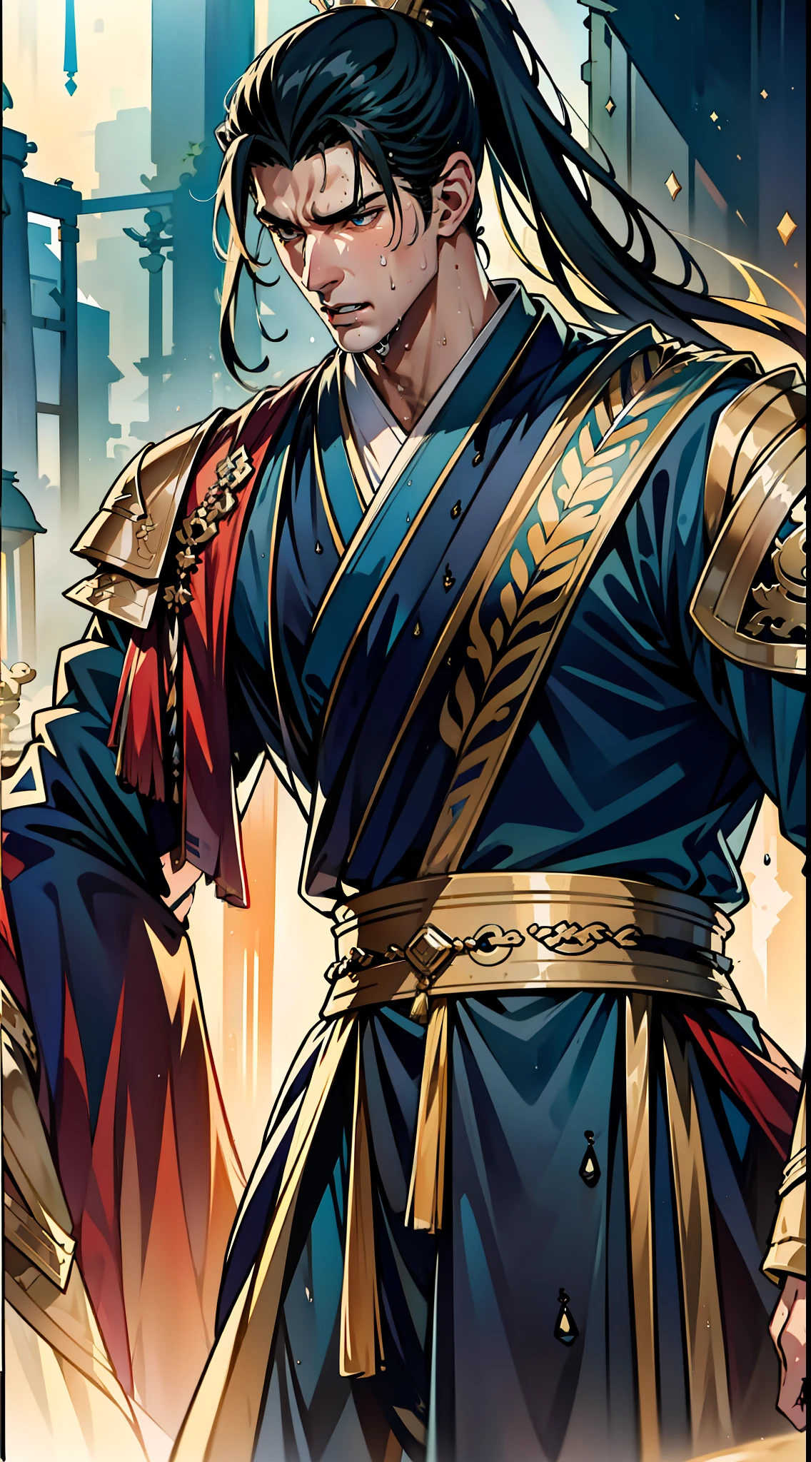 Two-dimensional, anime style, man (male warrior), muscle, correct proportions, face details, martial arts, high ponytail hairstyle, sweating, sweaty face, drooling, neck details, with Adam's apple, wet, wet, Hanfu costume, long robe, embroidered robe, dragon robe, clothing details, collar, long sleeves, game quality, swordsman demeanor, light and shadow tracing, ray tracing, detail glow, CG rendering, hair details, long black hair, golden eyes, sweaty face, handsome, handsome, sweat beads slipping down the neck, (juvenile feeling), complex clothing, wet, wet, perfect composition, refinement, high quality, more details, a lot of details, complex background, atmosphere,