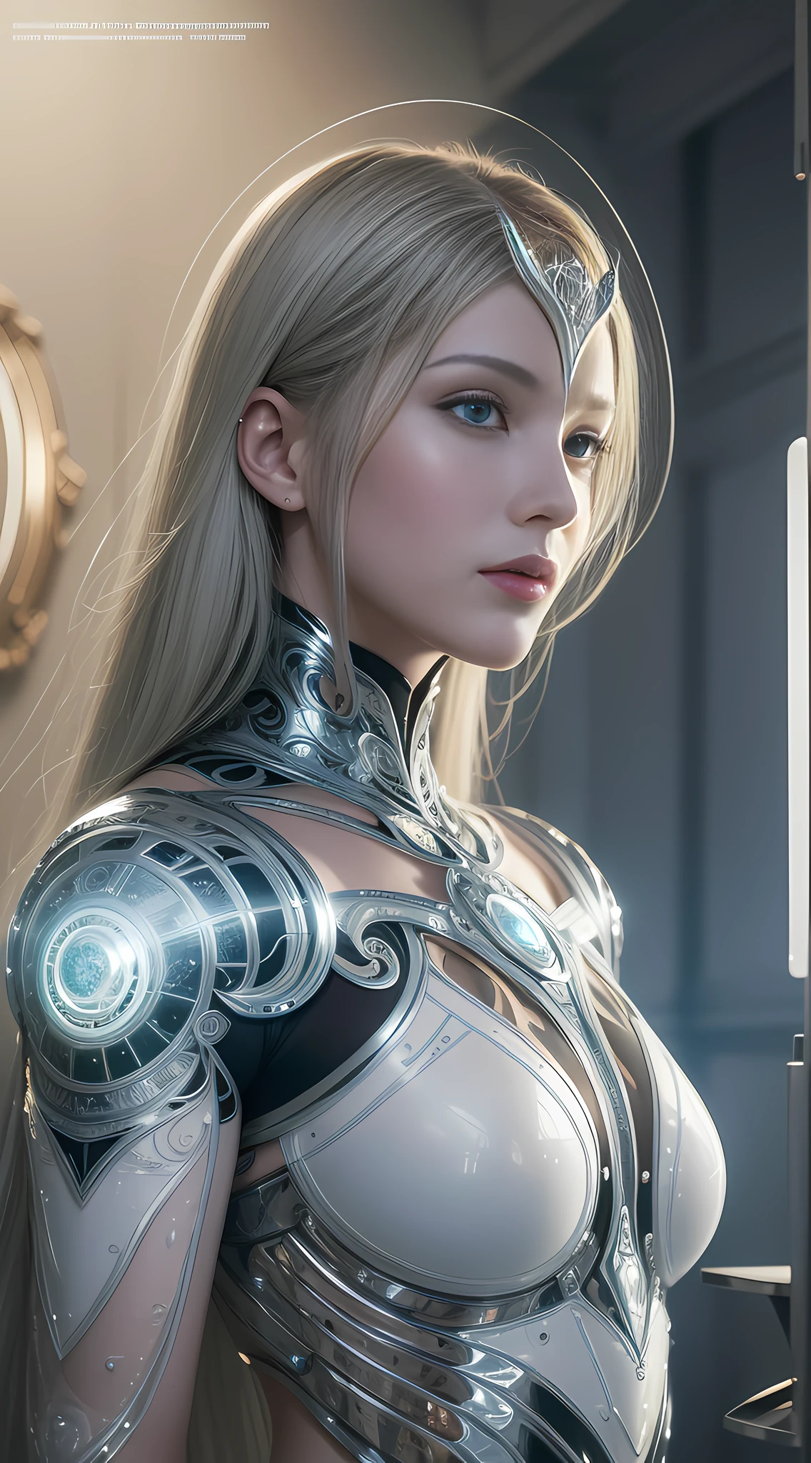 Organic cyborg, white plastic, diffuse lighting, luminous ornaments, light reflection, fantasy, intricate, elegant, highly detailed, realistic, realistic, digital painting, art station, illustration, concept art, smooth, sharp focus, art by John Collier and Albert Obright and Krenz Kusart and Artem Demura