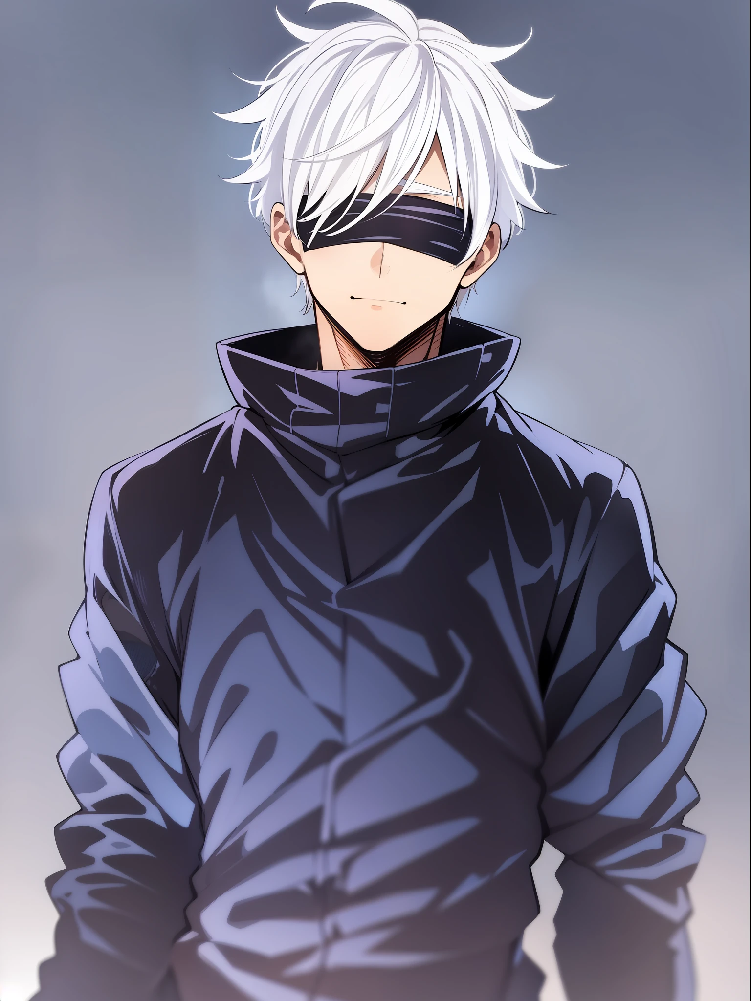 1boy, Saturated Gojo walking, white hair (goosebumps), blue eyes, wearing a black blindfold, nice environment, super detailed, high quality