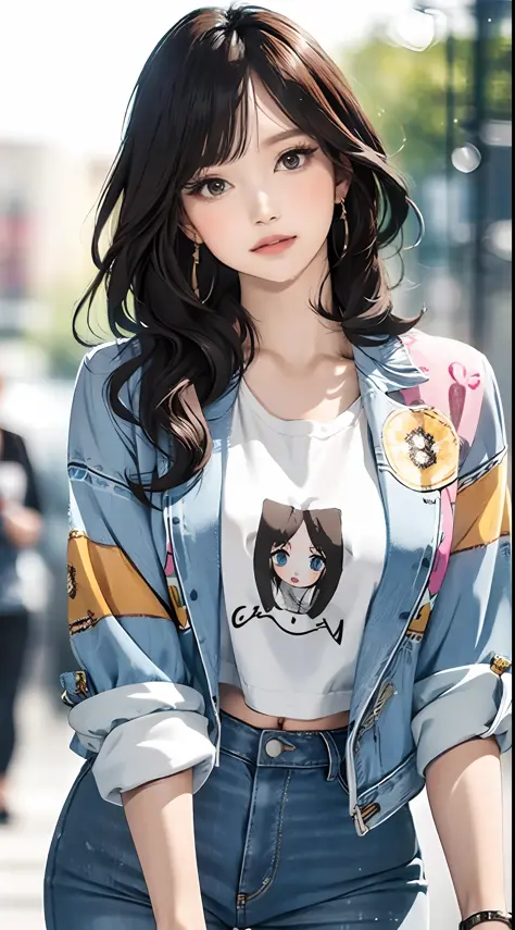 (masterpiece, best quality), beautiful woman, cute printed cropped shirt, jacket, jeans, short wavy hair, headband, asymmetrical...