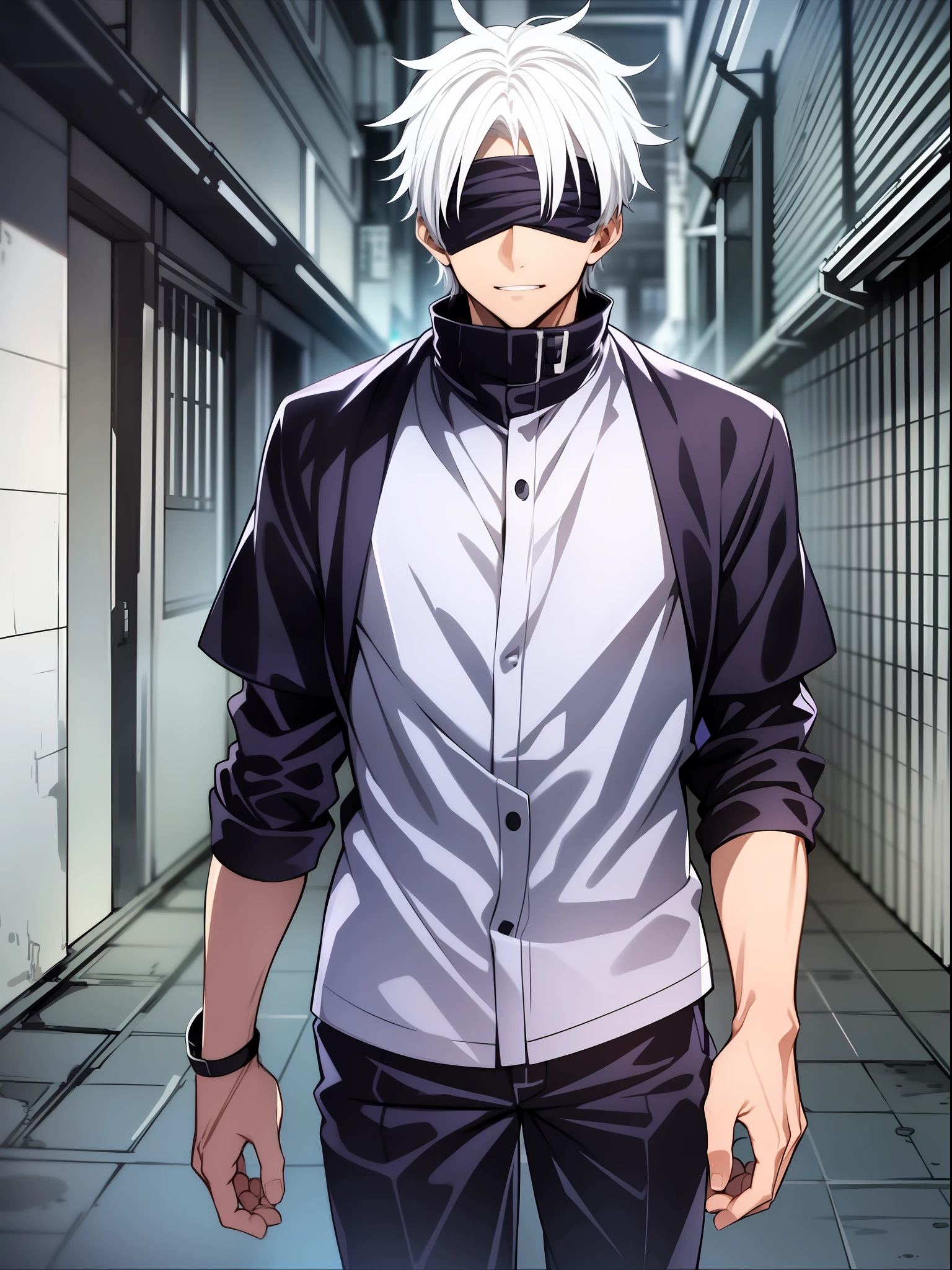 1boy, Saturated Gojo walking, white hair goosebumps, blue eyes, wearing a black blindfold, nice environment, super detailed, high quality