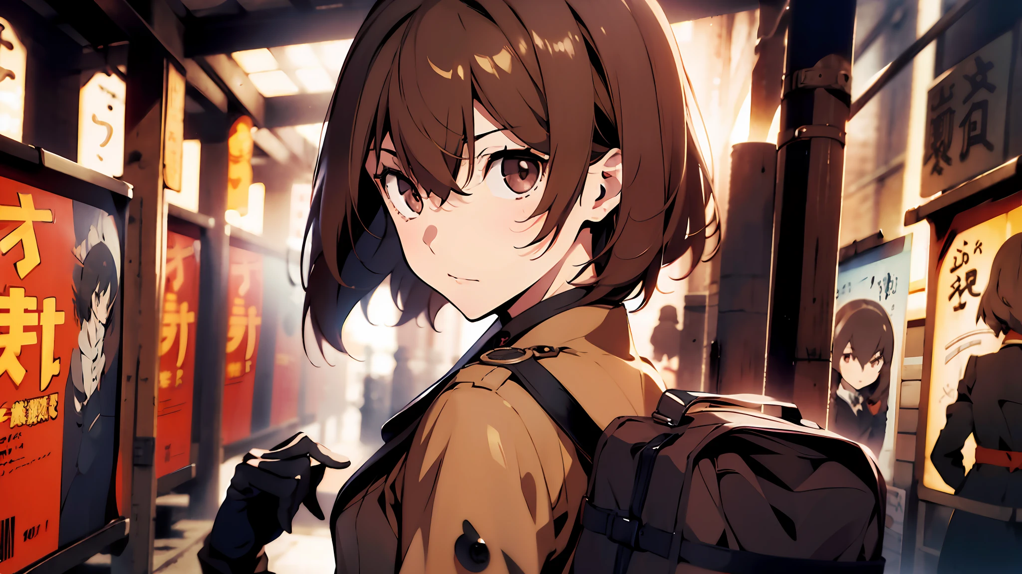 1girl, (solo:1.2), ((masterpiece)), (shadow), [slim], (small breasts), ((sharp focus)), pale skin, ((detailed eyes)), (blurry background), (dynamic angle), dynamic pose, female, gloves, akechi gorou, brown overcoat, brown hair, medium hair, (bag)