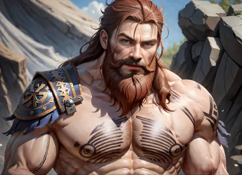 a viking in very expressive cartoon, light and detailed blue eyes, reddish brown hair, long beard, athletic physical body, musta...