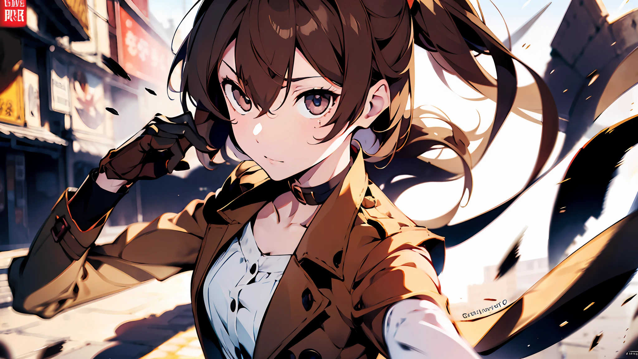 1girl, (solo:1.2), ((masterpiece)), (shadow), [slim], (small breasts), ((sharp focus)), pale skin, ((detailed eyes)), (blurry background), (dynamic angle), dynamic pose, gloves, akechi gorou, brown overcoat, brown hair, medium hair