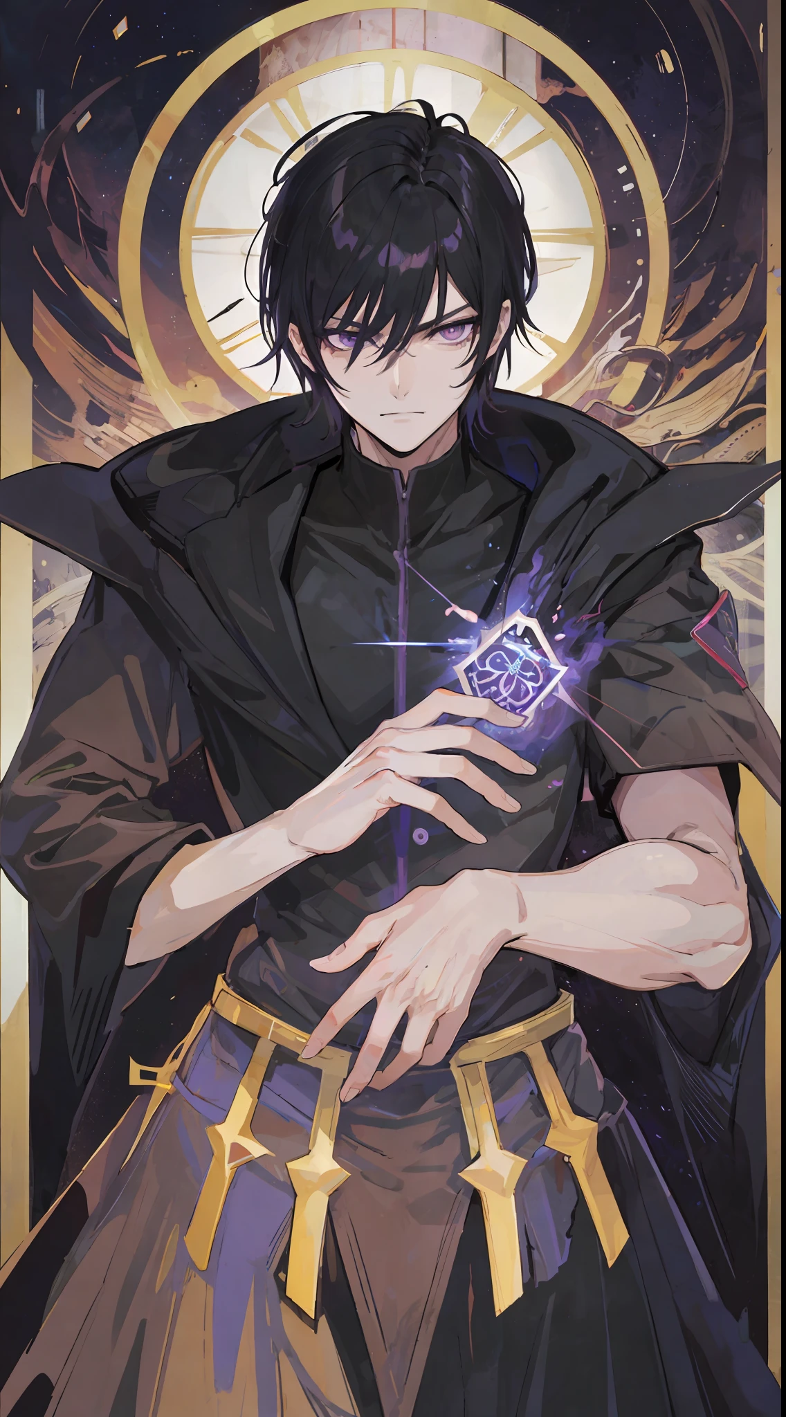 1Man, short black hair, fiery black-purple eyes, wears a black suit, he's a demon lord, make it like tarot anime-style but no frame