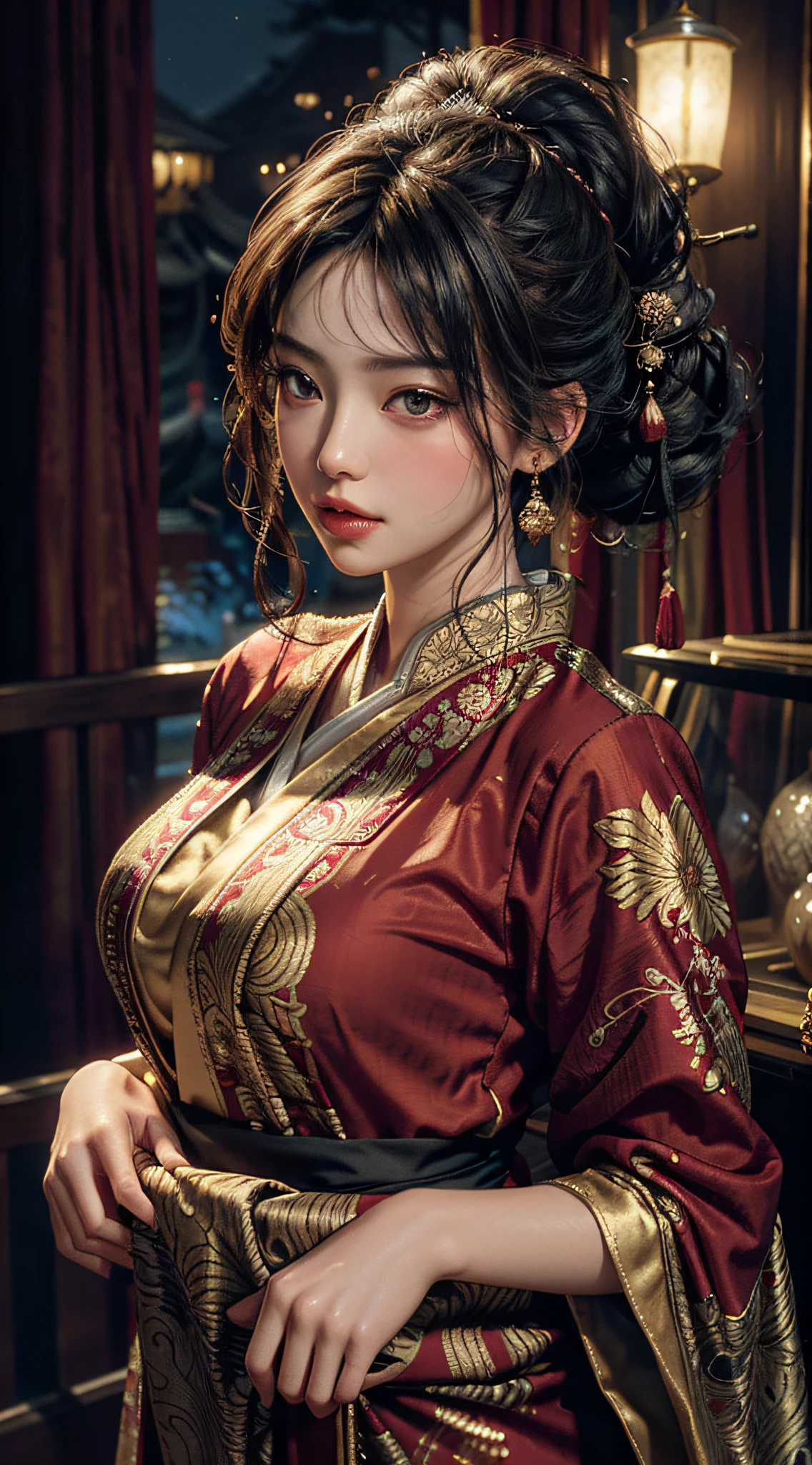 The art depicts a charming woman dressed in a flowing, silky traditional oriental dress, red, decorated with intricate patterns and bright colors. Her dress drapes elegantly over her curvy figure, accentuating her seductive silhouette. She stood gracefully in the quiet moonlit night, bathed in the soft glow of the moonlight. The scene exudes an ethereal and dreamy atmosphere, with a touch of mystery and sexiness. The graphic style blends watercolor and digital illustration techniques to evoke a refined beauty and charm. The lights are filled with soft moonlight, casting soft highlights and shadows on her charming features.
