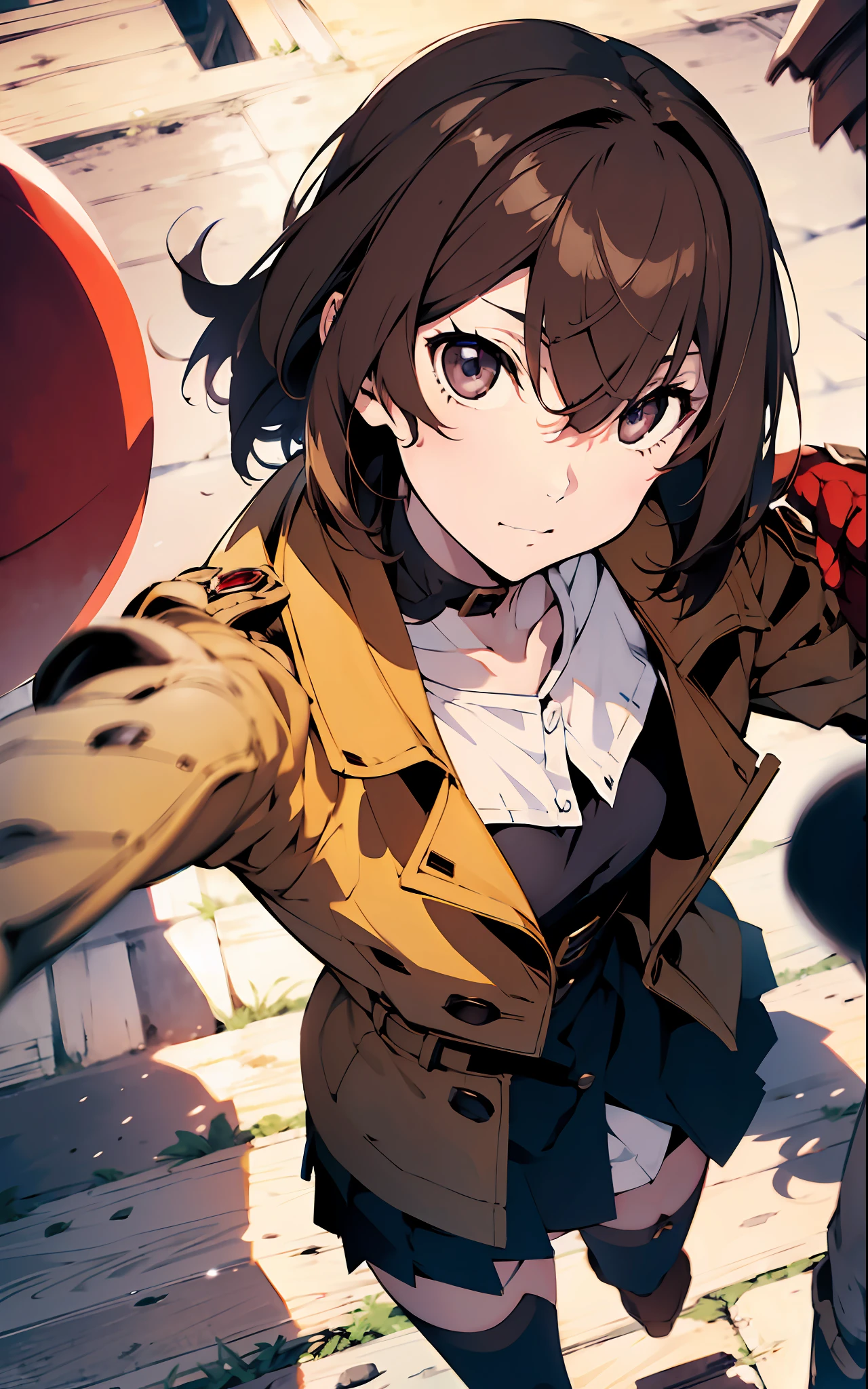 1girl, (solo:1.2), ((masterpiece)), (shadow), [slim], (small breasts), ((sharp focus)), pale skin, ((detailed eyes)), (blurry background), (dynamic angle), dynamic pose, gloves, akechi gorou, brown overcoat, brown hair, medium hair