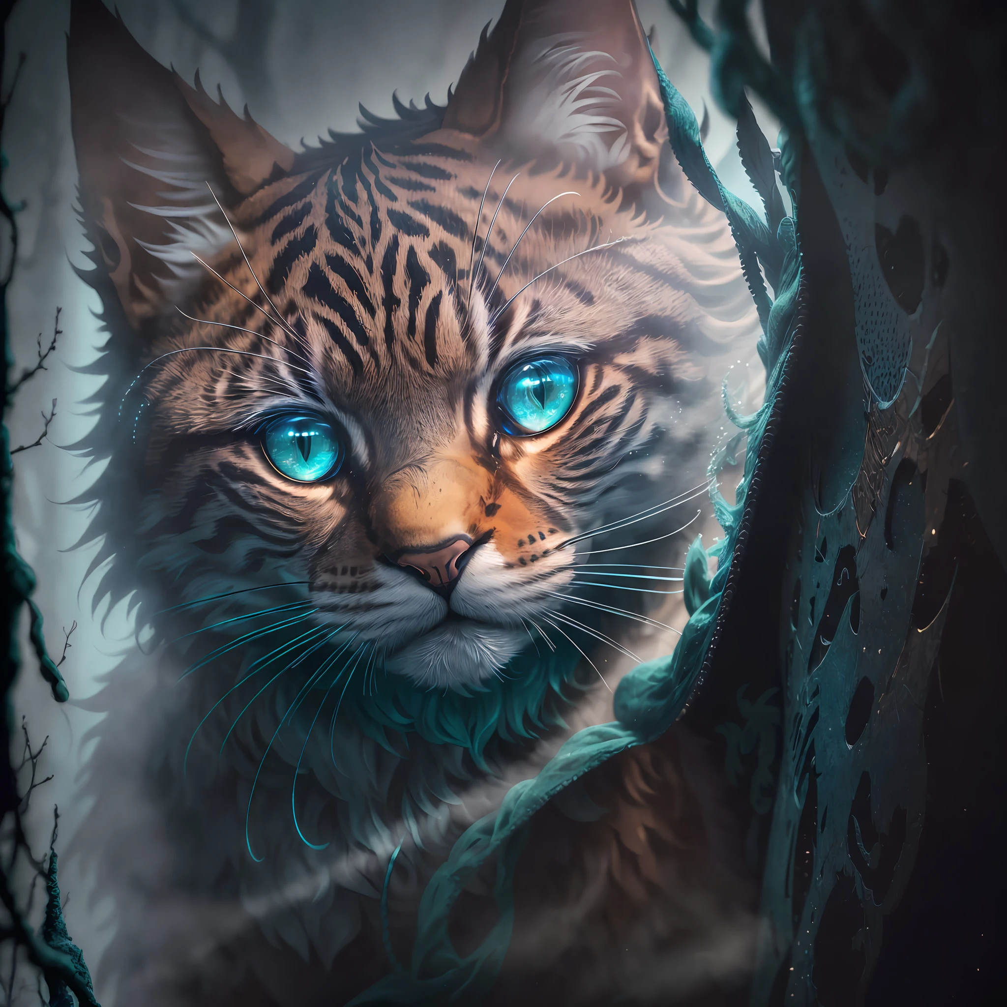 Masterpiece, best quality, dark environment, backlight, blue moon, cat, cat head, cat hair, (very detailed CG unified 8k wallpaper), (best quality), (best illustration), bowed cat man, close-up, focused face, depth of field, blurred background, black forest, (best shadow), detailed green eyes, absurdity, realistic lighting, (abyss), fine detail, works by Peter Morebach, fog, fog, fog, --auto --s2