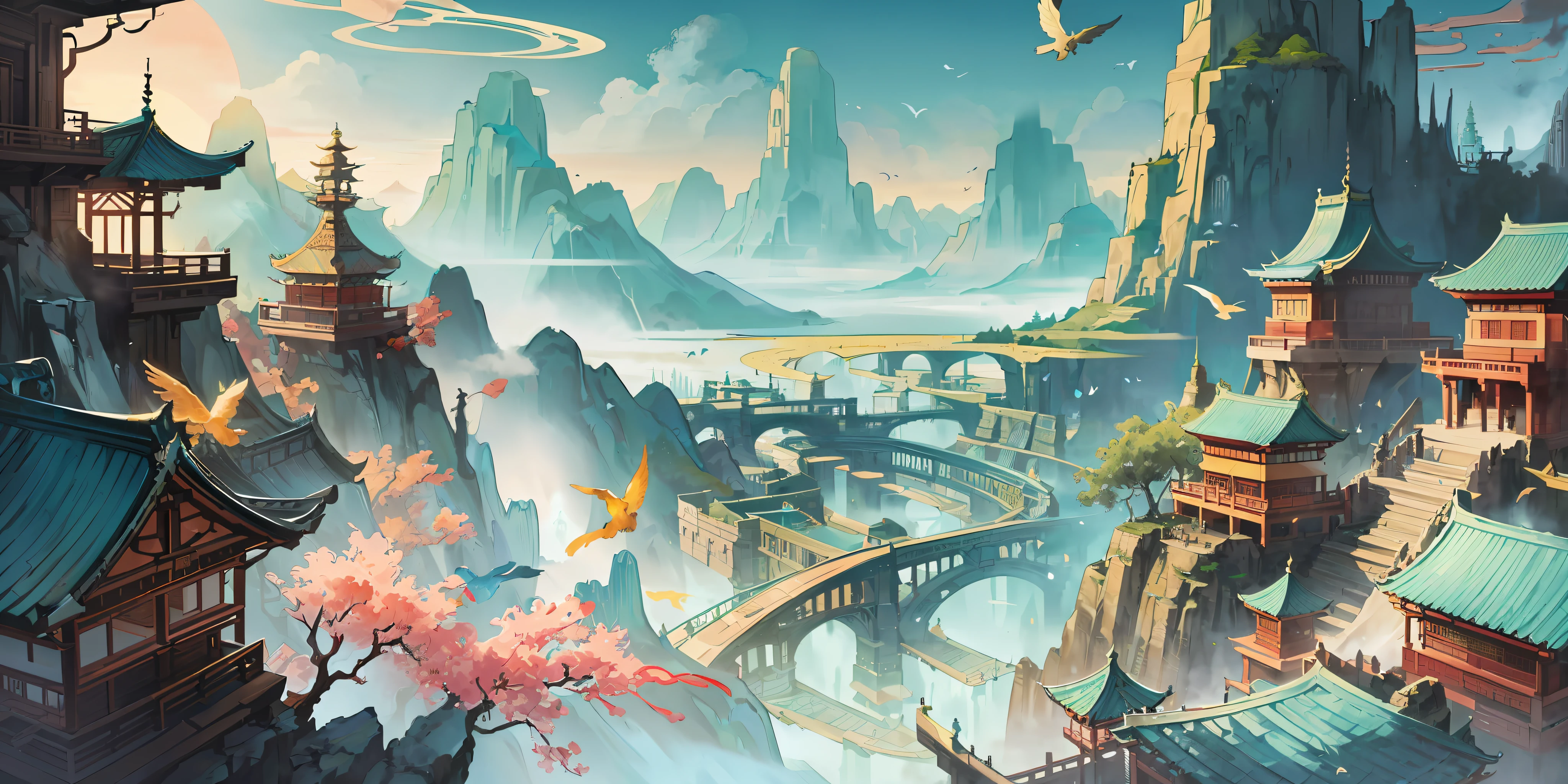 ein Bild einer asiatischen Landschaft mit Bergen und Vögeln in der Luft, im Stil fantastischer Visionen aus einer anderen Welt, Hellcyan und Gold, komplex kartierte Welten, hyperrealistische Illustrationen, romantisierte Stadtansichten, detaillierte Charakterillustrationen, organische Formen und geschwungene Linien, --v6