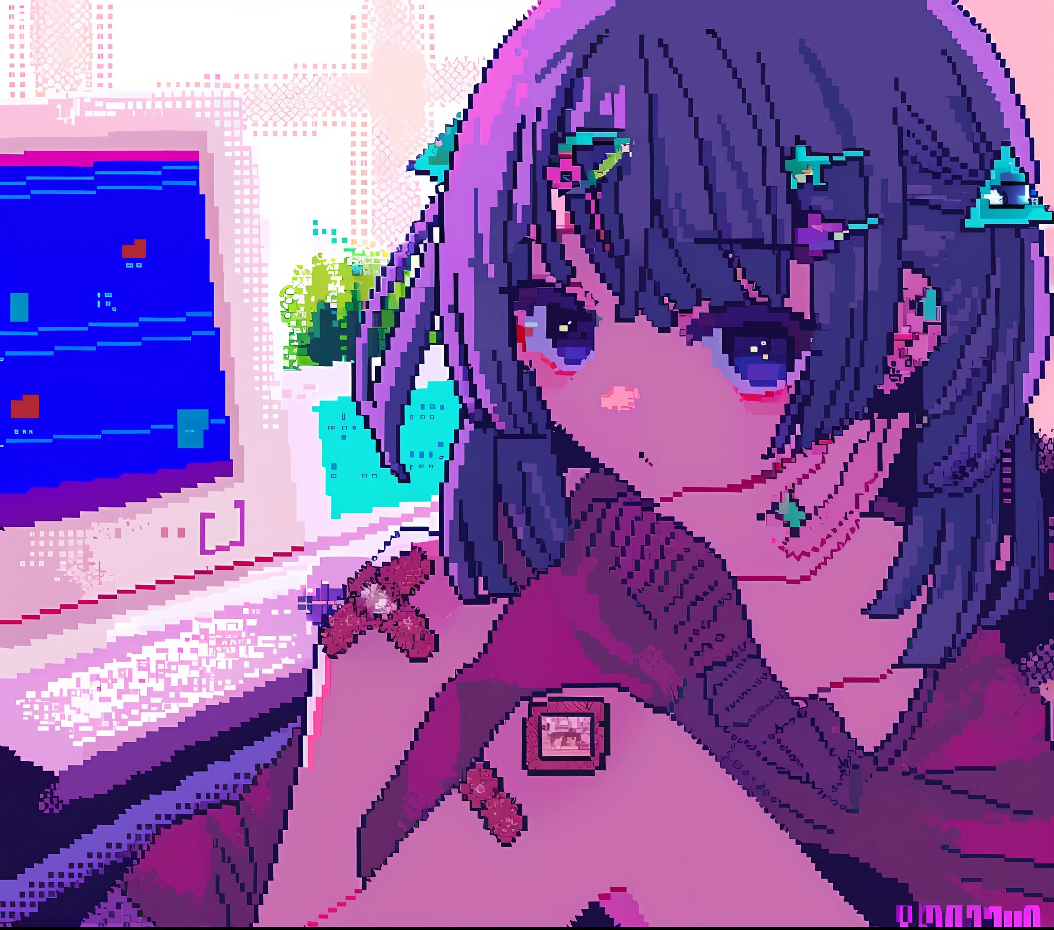 anime girl with purple hair and glasses sitting in front of a computer, lofi girl, lofi artstyle, lofi portrait, anime vibes, anime style. 8k, lofi art, 8 0 s anime vibe, #pixelart:3, lofi feel, glitchpunk girl, 1 0 0 0 x 1 0 0 0 pixel art, anime aesthetic