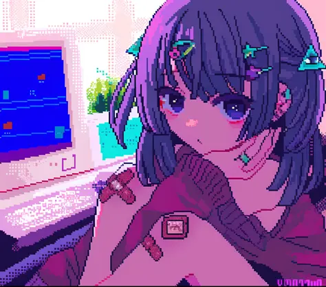 anime girl with purple hair and glasses sitting in front of a computer, lofi girl, lofi artstyle, lofi portrait, anime vibes, an...