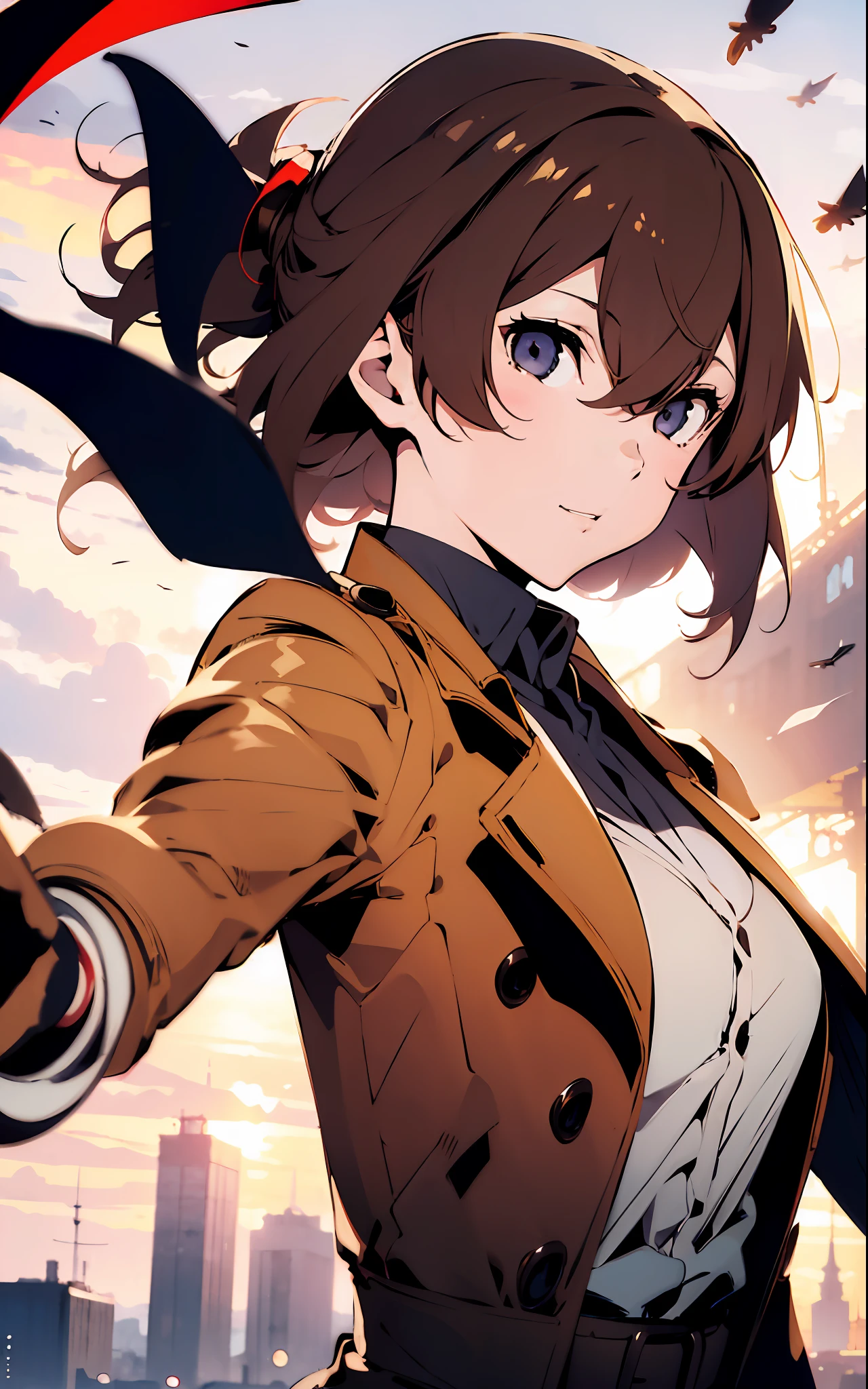 1girl, (solo:1.2), ((masterpiece)), (shadow), [slim], (small breasts), ((sharp focus)), pale skin, ((detailed eyes)), (blurry background), (dynamic angle), dynamic pose, gloves, akechi gorou, brown overcoat, brown hair, medium hair