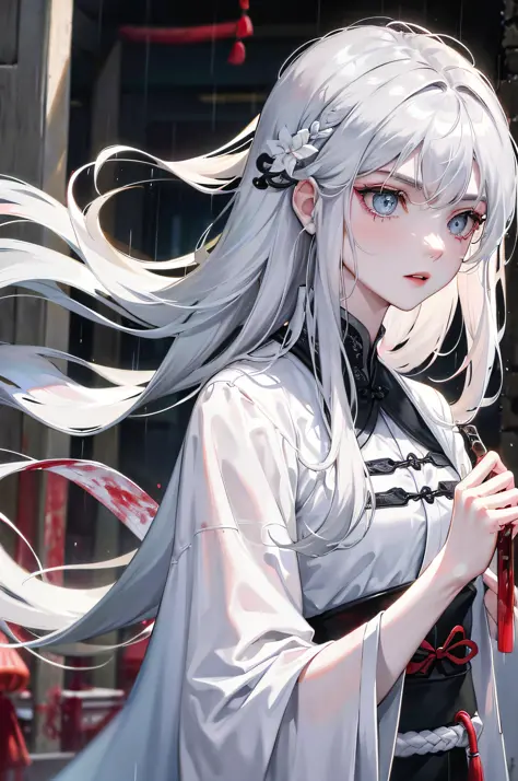 Masterpiece, Excellent, Night, Outdoor, Rainy Day, Branches, Chinese Style, Ancient China, 1 Woman, Mature Woman, Silver-White Long Haired Woman, Gray-blue Eyes, Pale Pink Lips, Cold, Serious, Effeminate, Bangs, Assassin, Short Knife, White Clothes, Black ...