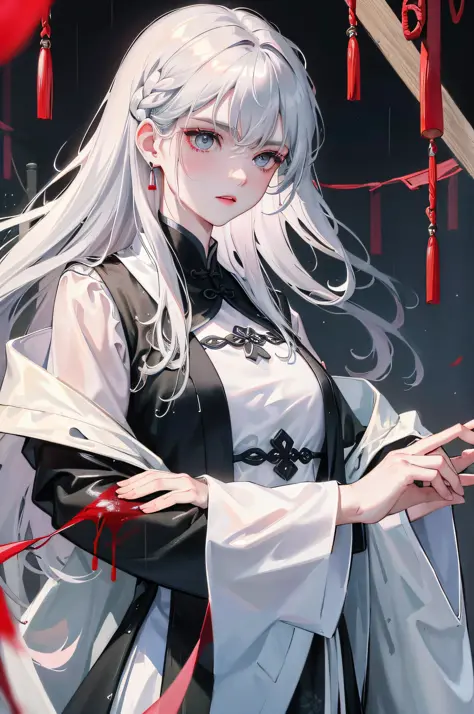 Masterpiece, Excellent, Night, Outdoor, Rainy Day, Branches, Chinese Style, Ancient China, 1 Woman, Mature Woman, Silver-White Long Haired Woman, Gray-blue Eyes, Pale Pink Lips, Cold, Serious, Effeminate, Bangs, Assassin, Short Knife, White Clothes, Black ...