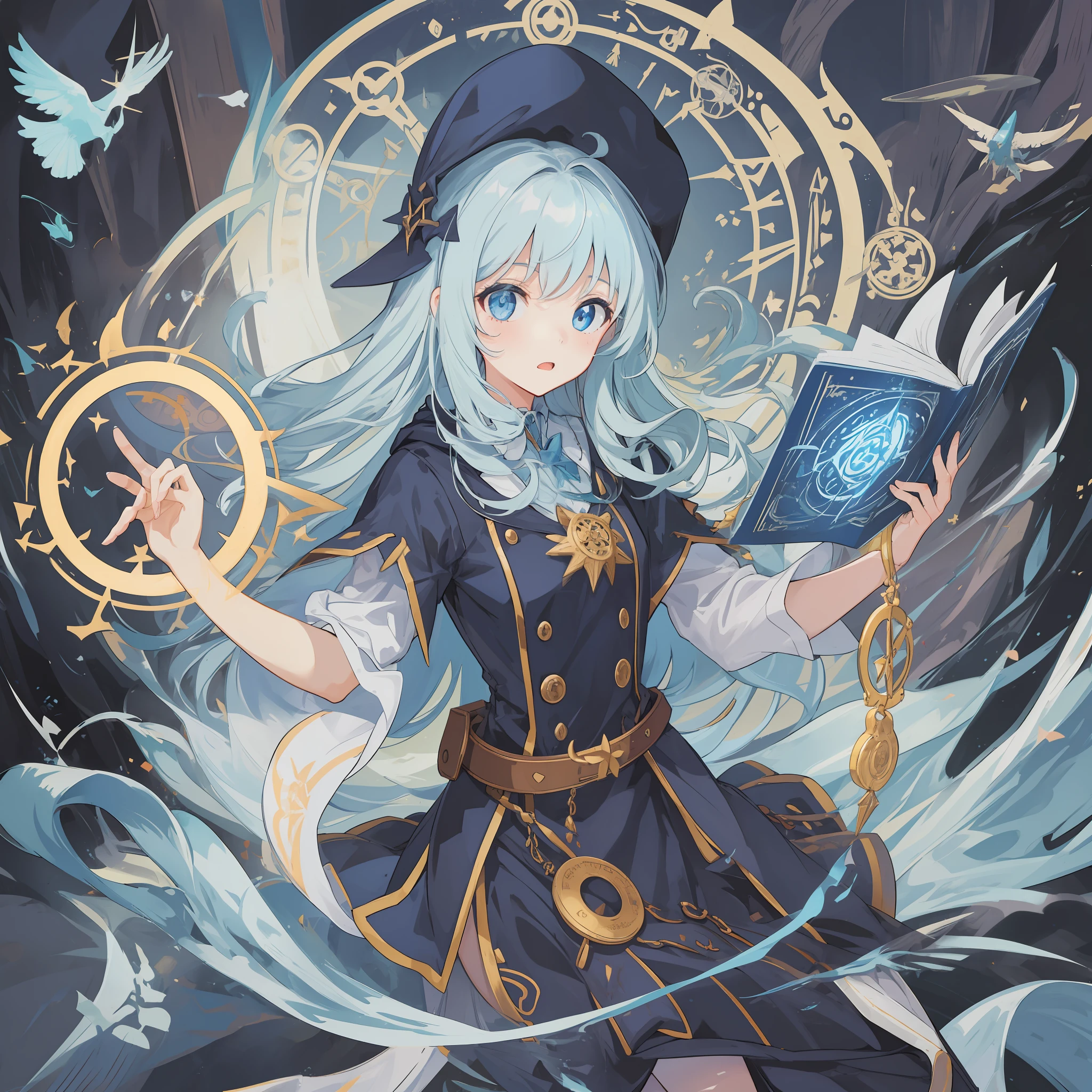 cute girl, witch, spellbook, magic circle, do not write fingers