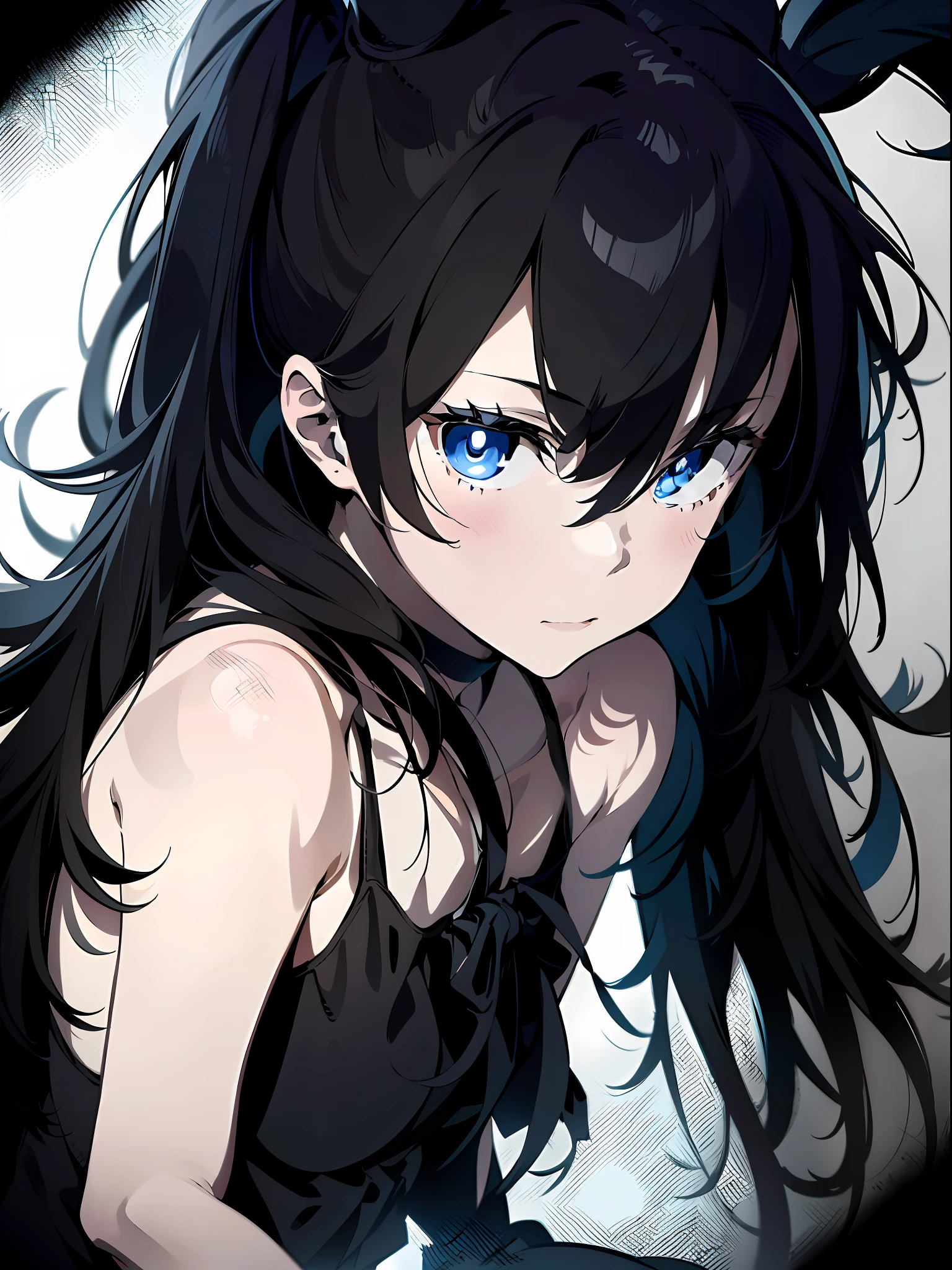 (Masterpiece) with best quality, emphasize shadow, dynamic angle and pose, portrayed by solitary 1-girl figure, featuring detailed eyes. Her slim frame with visible collarbones exhibits a cold expression giving off a bold vibe, small breasts complementing her pale skin. She embodies the character of black rock shooter, seamlessly blending into the (background blur).