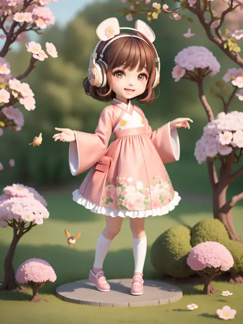 Vista, (Excellent), (Super Meticulous), (Full Body: 1.2), 1girl, Chibi, Cute, Smile, Open Mouth, Flower, Outdoor, Play Guitar, Music, Top Hat, Hold Guitar, Coat, Blush, Tree, :3, Wear Hanfu, Short Hair, Cherry Blossoms, Green Headgear, Confusion, Brown Hai...