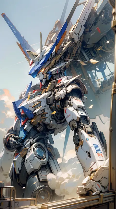 ((Masterpiece, better quality)), illustration, ultra-detailed 8k, realistic, sharp focus, very detailed, professional lighting, colorful details, white background plate blue sky and white clouds, large mechanical robot structure, Gundam, glossy, intricate ...