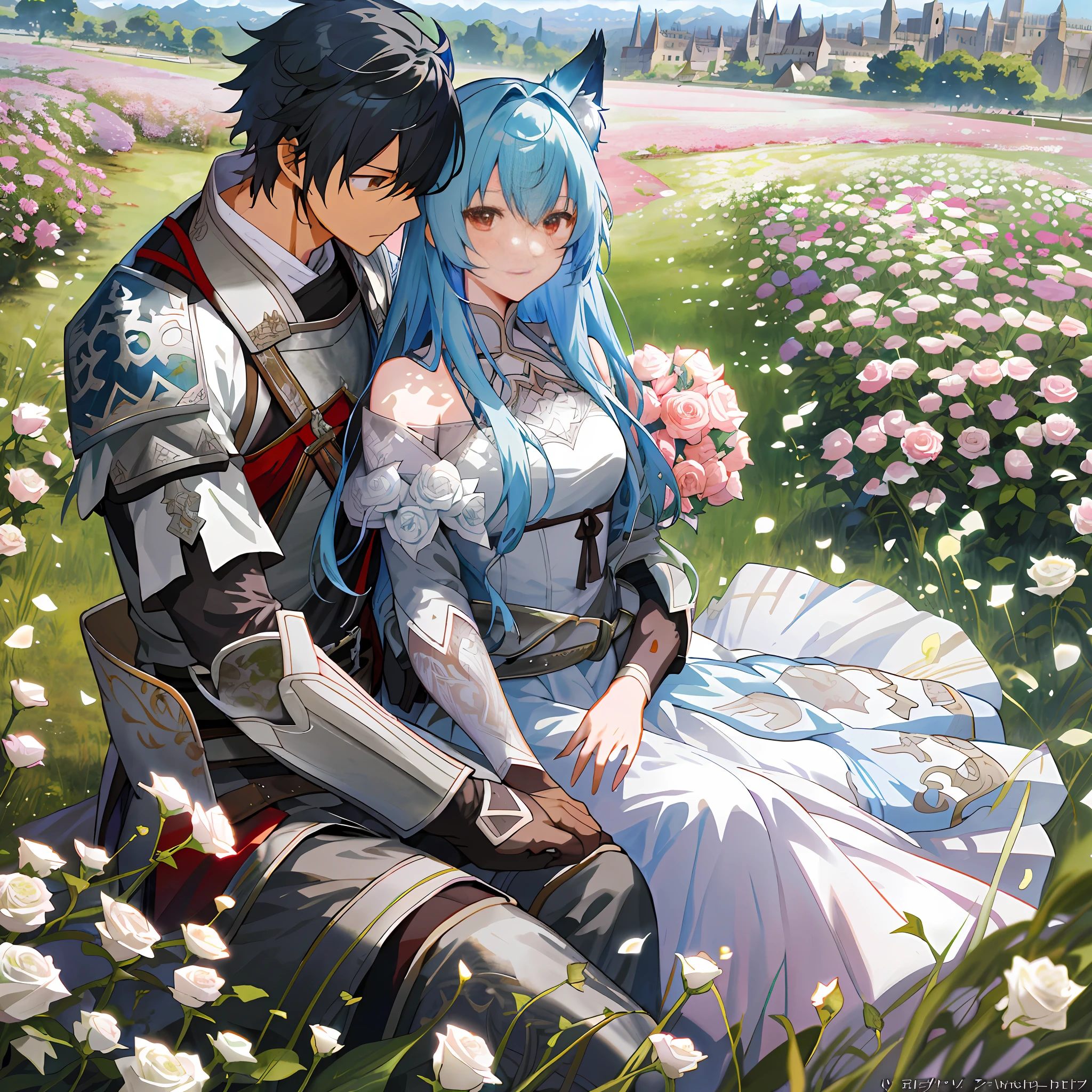 Anime couple sitting in a field of flowers with a castle in the background  - SeaArt AI