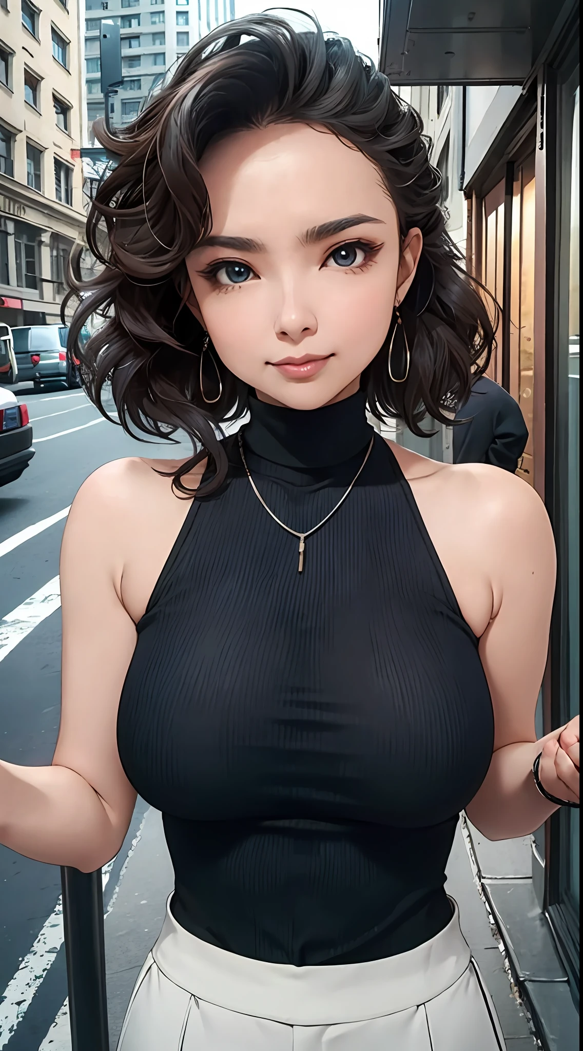 (masterpiece, best quality), beautiful woman, detailed sleeveless turtleneck top, pants, necklace, wavy hair, perfect face, beautiful face, alluring, big gorgeous eyes, open mouth, happy, perfect slim fit body, (outdoor), city streets, new york, bright colors