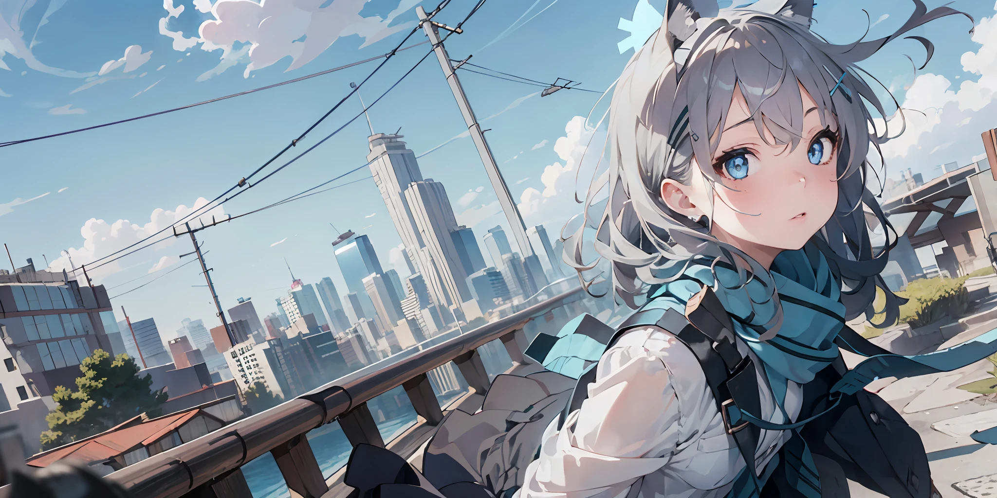 1girl, (solo:1.2), ((masterpiece)), (shadow), [slim], (small breasts), pale skin, ((detailed eyes)), (background blur), (dynamic angle), dynamic pose, looking back, exterior, silver hair, blue eyes