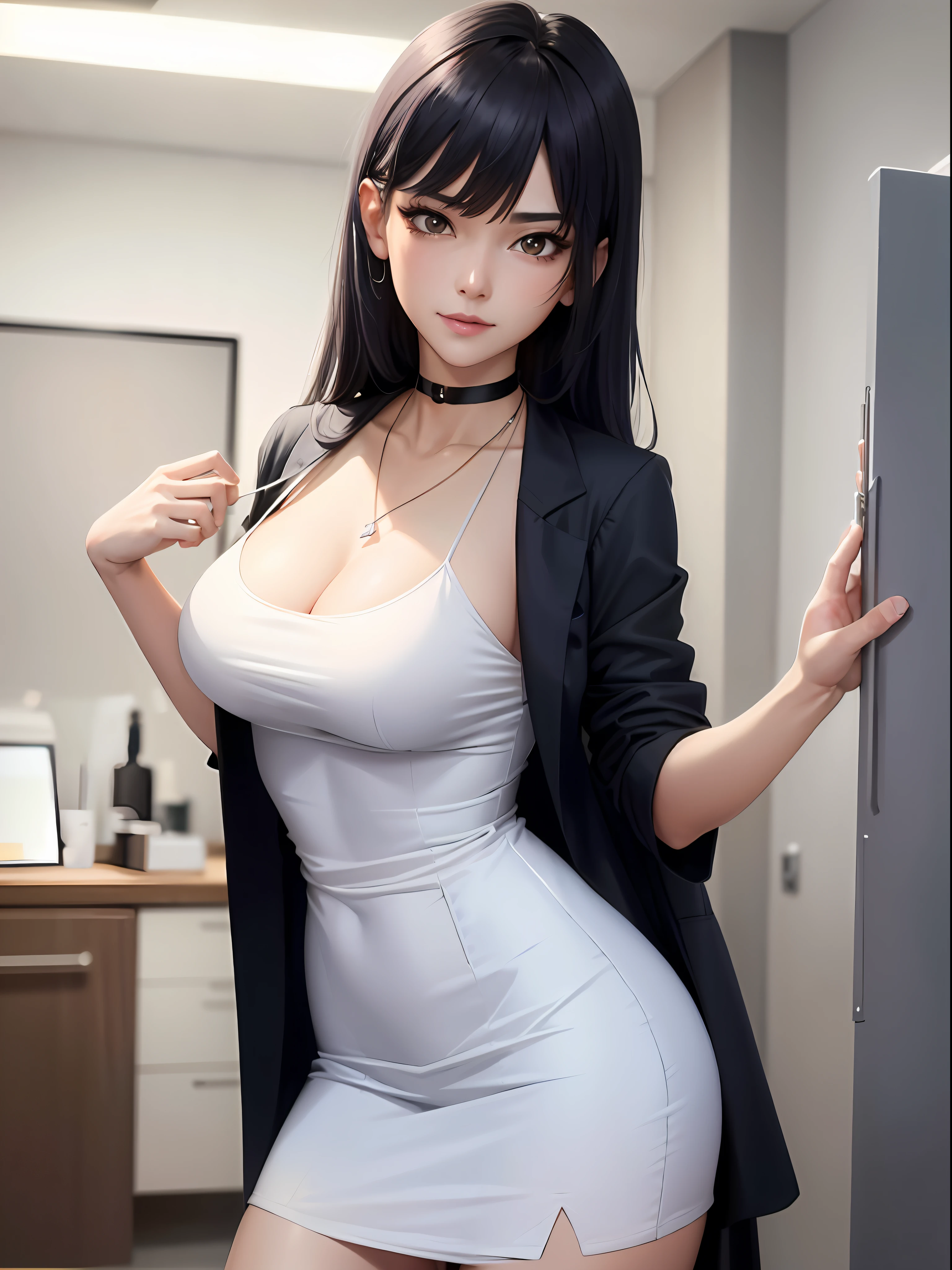 masterpiece, hot shot, ((best quality)), absurdres, perfect antomy, Tae Takemi, (Small smile), necklace, choker, dress, (Big breasts:1.3), braless, defined abdomen, labcoat, standing, doctor office background, sexy pose