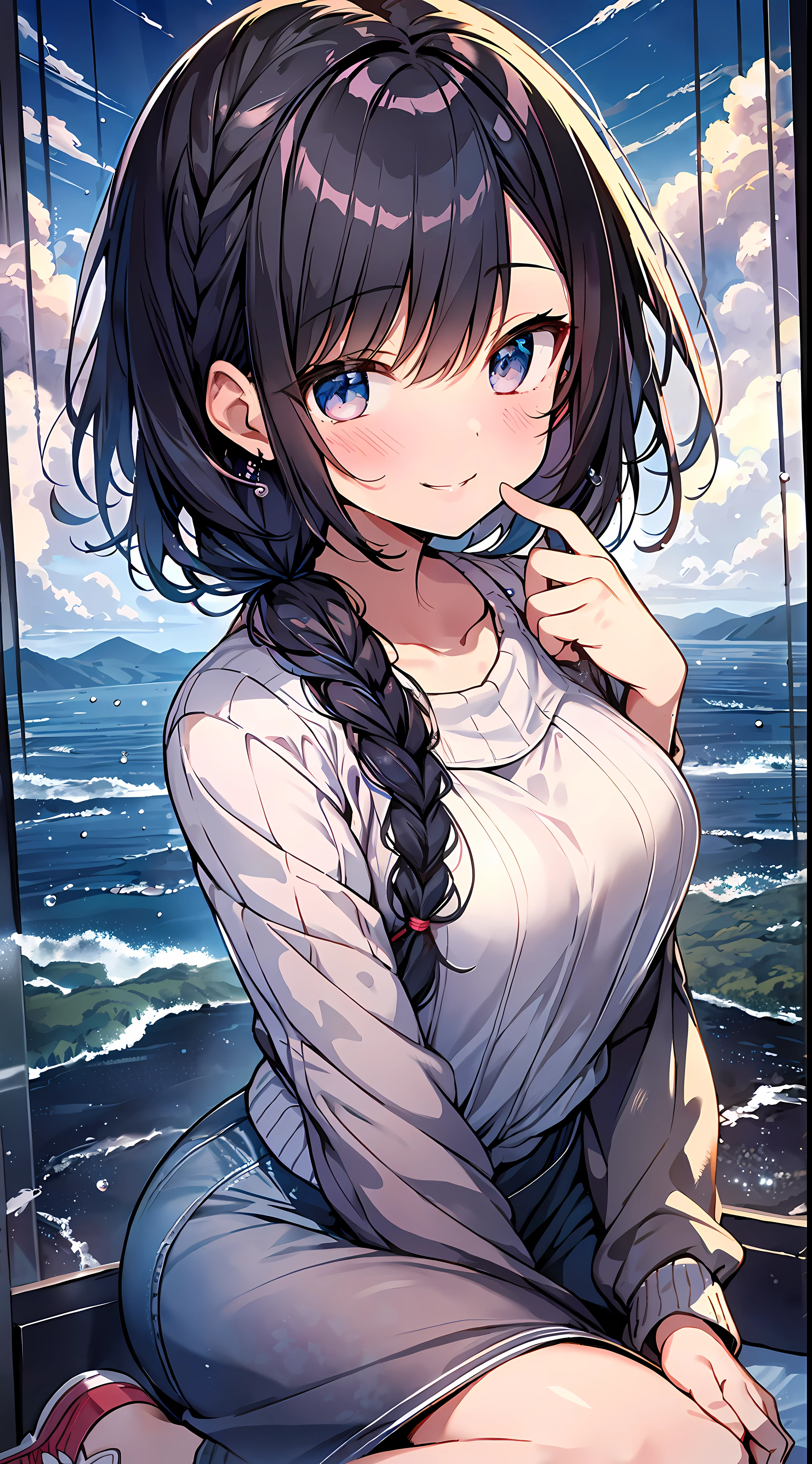 Top Quality, Masterpiece, Ultra High Definition, 8K, Summer Sky, Early Summer, (Shorts, Light Knitwear, Sneakers), Shojo Manga Style , One, Soft Line Art, Digital Enhancement, Shojo Manga Touch, Shoujo Manga Core, Flowing Fabric, Close Up, (Hair length and short braid to the shoulders)), Wet Hair, Staring at us from the front, Soft drawing, Beautiful Black Hair, Clear eyes, ((teasing smile)), ultra-detailed digital anime art, clear face depiction, ultra-detailed shojo manga character art, clear facial features, ultra-detailed manga style, top quality colors, hand gestures, landscape with nature, looking up at the sky, angle that can see up to your feet, sit