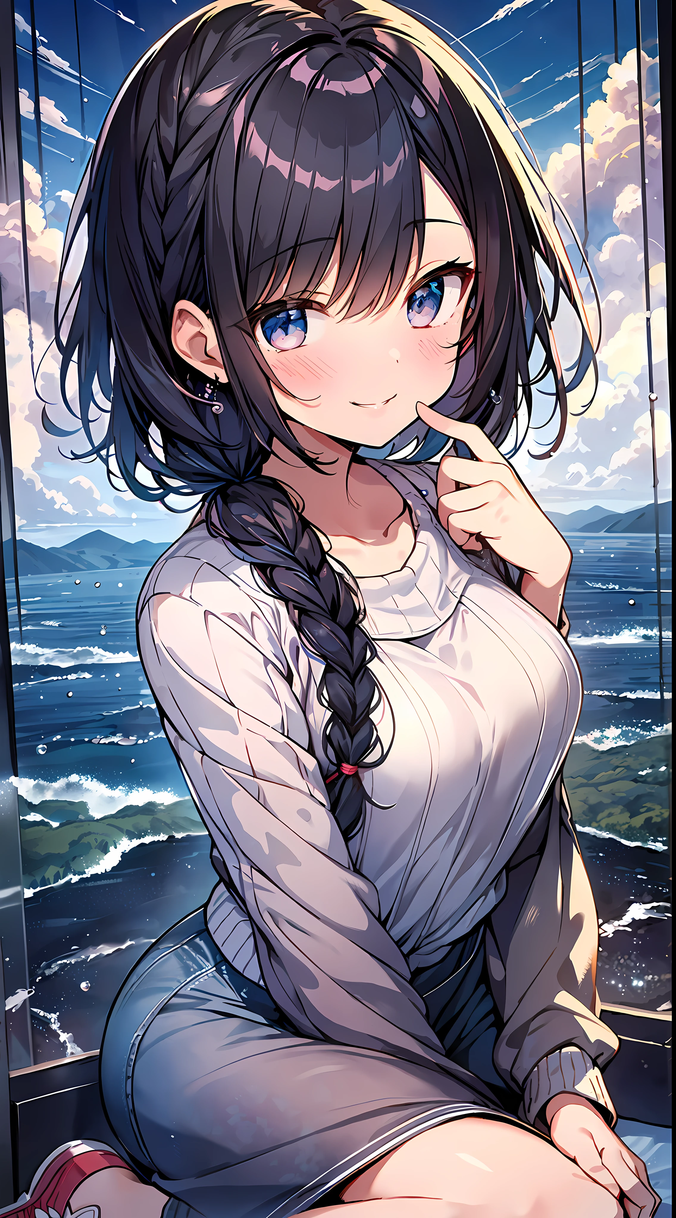 Top Quality, Masterpiece, Ultra High Definition, 8K, Summer Sky, Early Summer, (Shorts, Light Knitwear, Sneakers), Shojo Manga Style Loli, One, Soft Line Art, Digital Enhancement, Shojo Manga Touch, Shoujo Manga Core, Flowing Fabric, Close Up, (Hair length and short braid to the shoulders)), Wet Hair, Staring at us from the front, Soft drawing, Beautiful Black Hair, Clear eyes, ((teasing smile)), ultra-detailed digital anime art, clear face depiction, ultra-detailed shojo manga character art, clear facial features, ultra-detailed manga style, top quality colors, hand gestures, landscape with nature, looking up at the sky, angle that can see up to your feet, sit