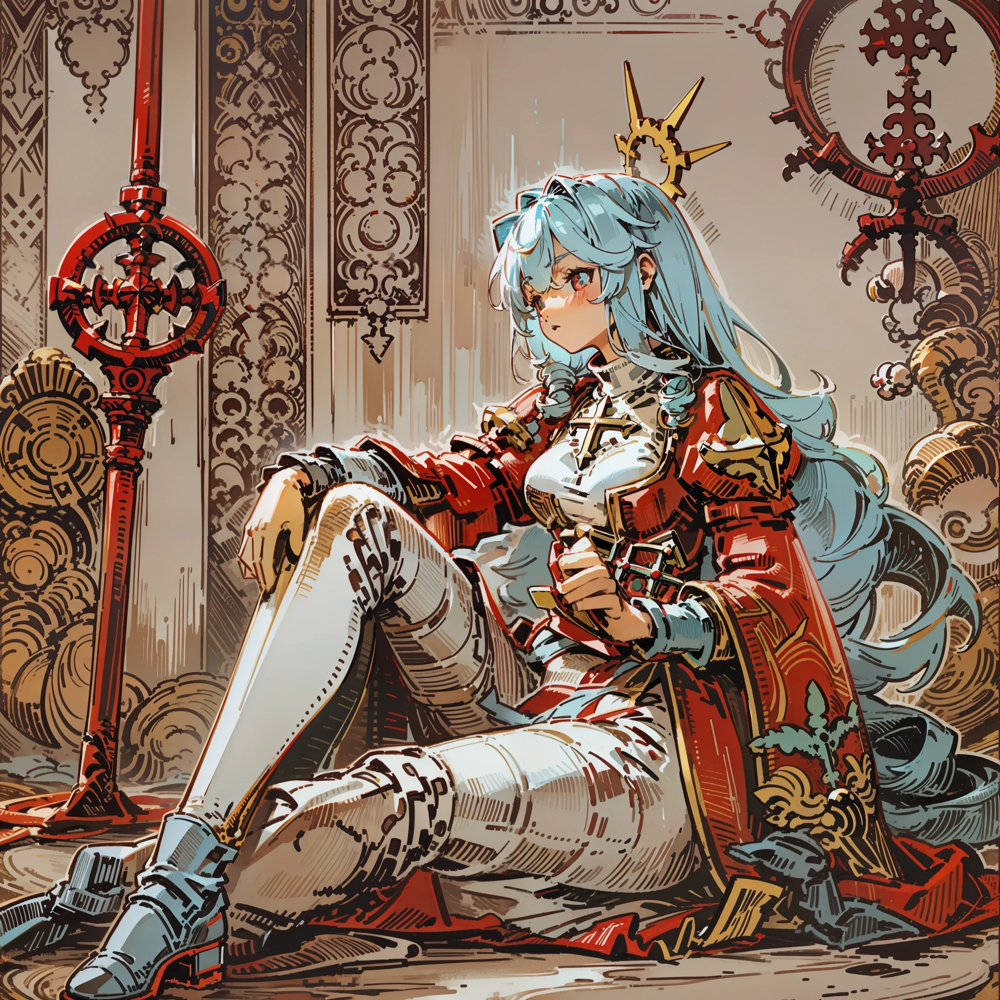 masterpiece, best quality, 1girl, ragnarok online high priest, HIGHPRIESTRO, TAROT CARD, medium spiked pastel blue flipped hair, hair over one eye, swept bangs, messy hair, medium breasts, looking at viewer, sitting facing viewer, cross ornaments, white see-through juliet sleeves, red corset, clothing cutout, shoes, gold ribbons, highres, portrait, solo, full body, serious, red crosier staff, the high priestess