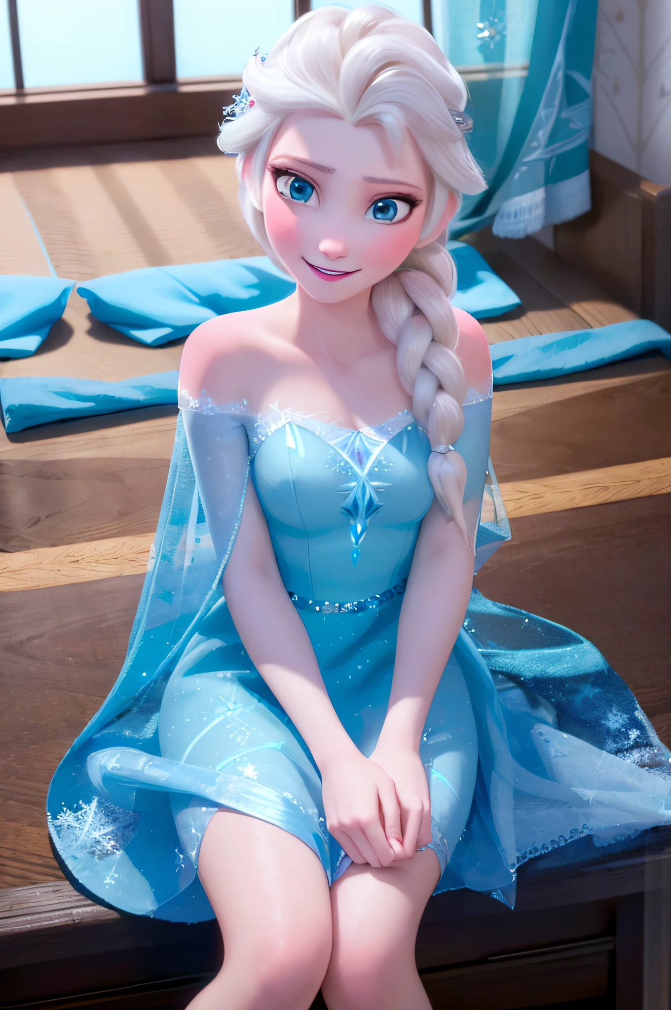 (masterpiece:1.4), (best qualit:1.4), (high resolution:1.4), elsa of arendelle, smile, sitting on bed, ice queen dress, bedroom, looking at viewer, hands at side,