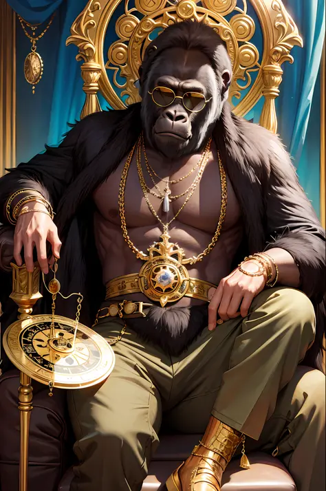 masterpiece, best quality, realistic, fashion monkey, gorilla, glasses on the head, gear, gemstones, sunglasses, gold, jewelry, magic circle, male_focus, pants, shoes, sunglasses, tassels, throne,