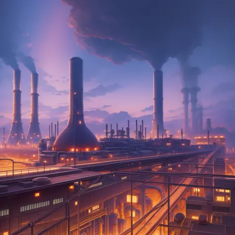 Mechanical-punk world, elevated highways, flying people, industrial thermal power plant in the distance, two cooling towers. The...