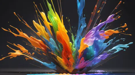 (translucent glass material), colored paint explodes in all directions, has a 3D effect, splashes of paint, subjective perspective, pure black background