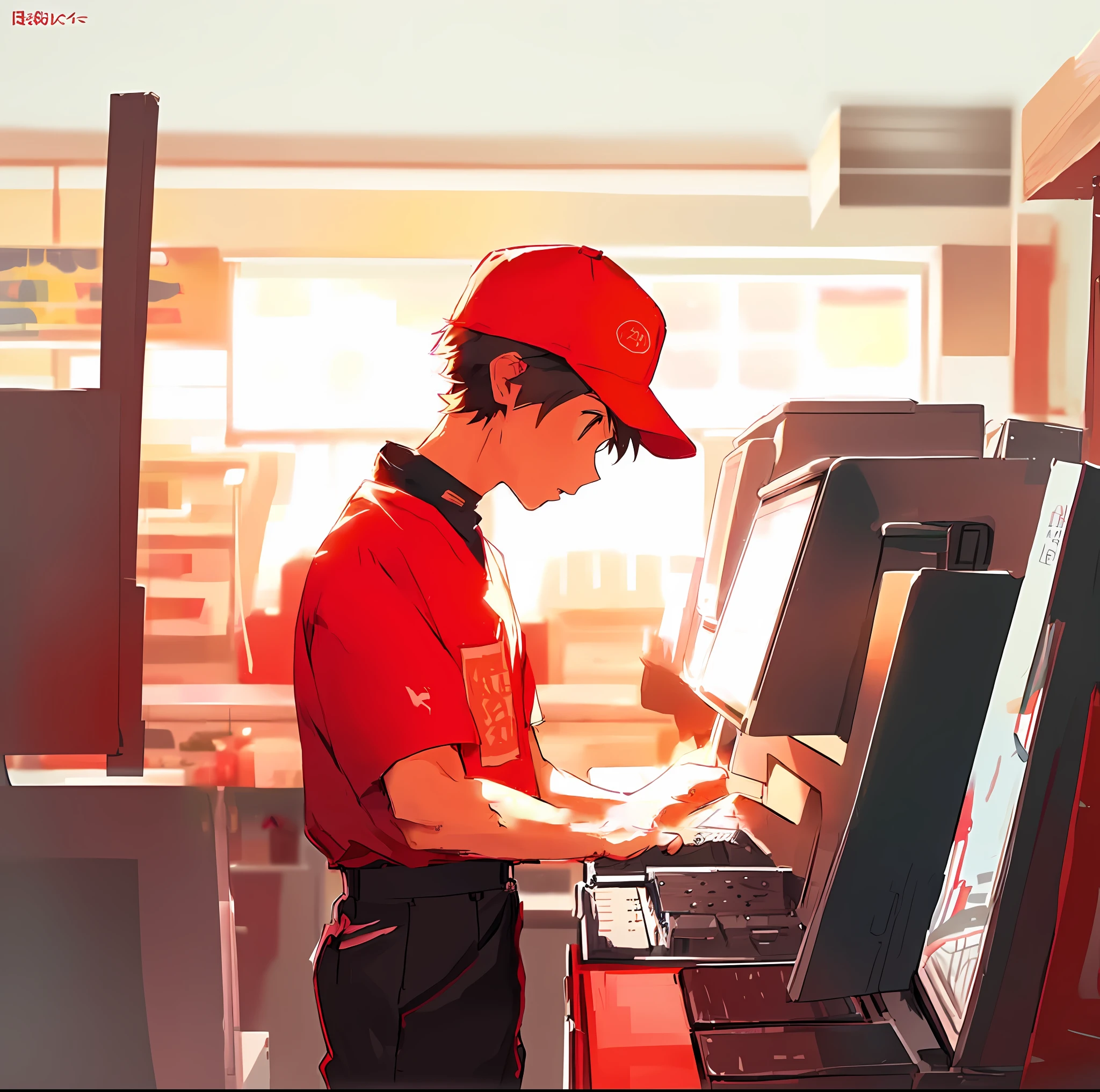 Anime boy in red shirt and red cap using a cash machine - SeaArt AI