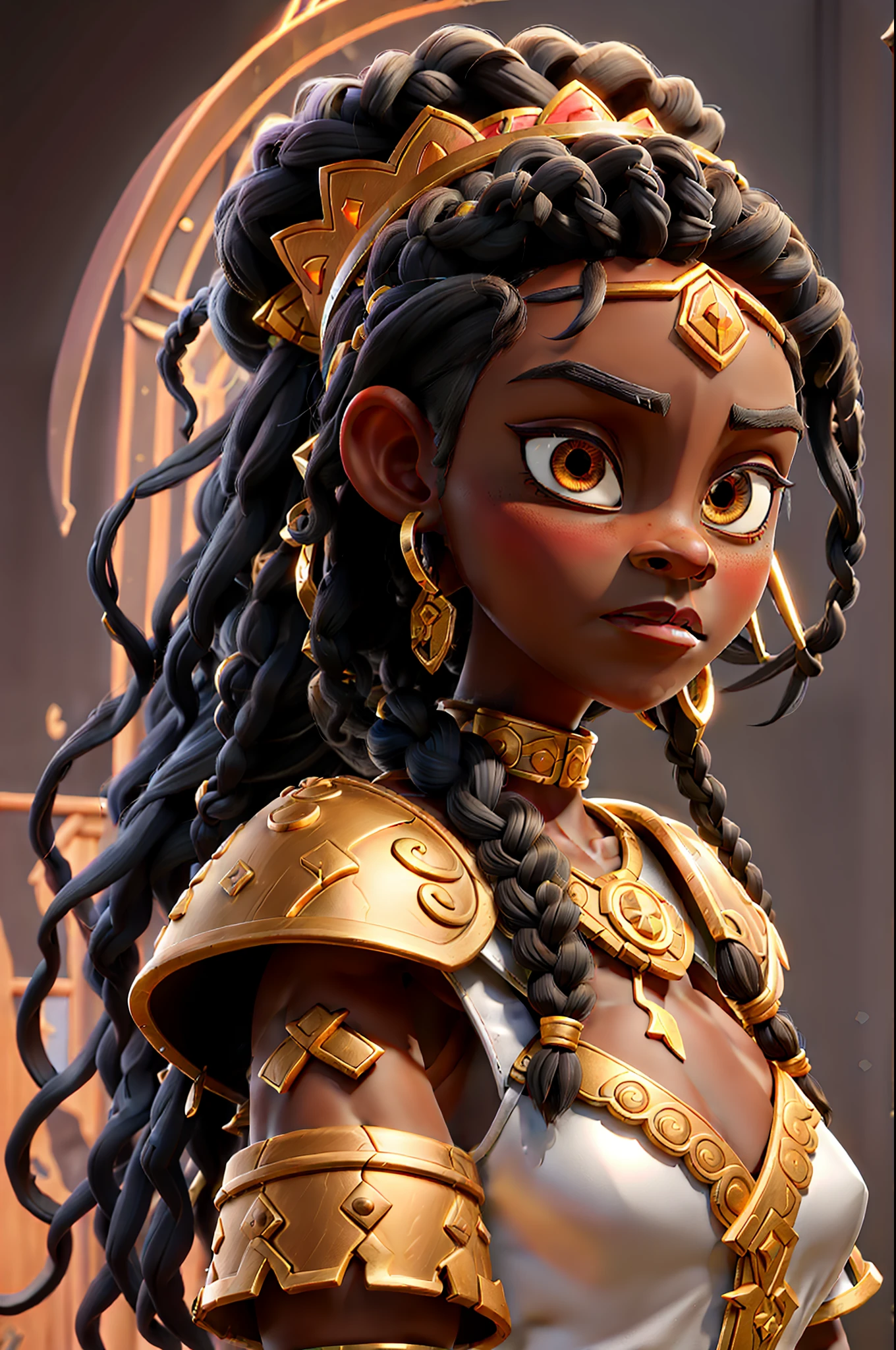 Black princess, dark skin,teenager,black hair,long dreadlocks,3d,warrior princess,mangual at the tip of braids, dressed in silver armor with red jewelry, honey colored eyes, video game style, dark dungeon, dynamic battle pose, mangual.