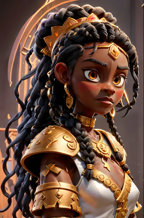 Black princess, dark skin,teenager,black hair,long dreadlocks,3d,warrior princess,mangual at the tip of braids, dressed in silve...