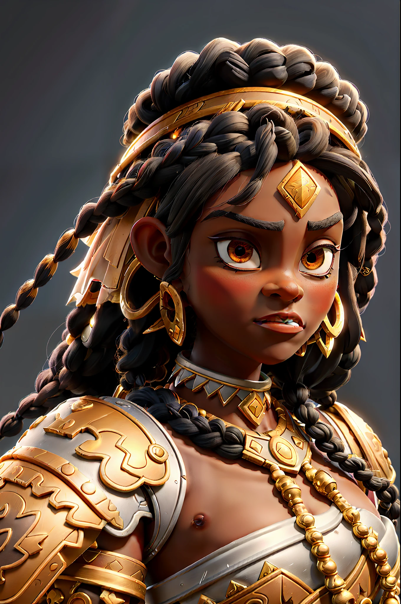 Black princess, dark skin,teenager,black hair,long dreadlocks,3d,warrior princess,mangual at the tip of braids, dressed in silver armor with red jewelry, honey colored eyes, video game style, dark dungeon, dynamic battle pose, mangual.