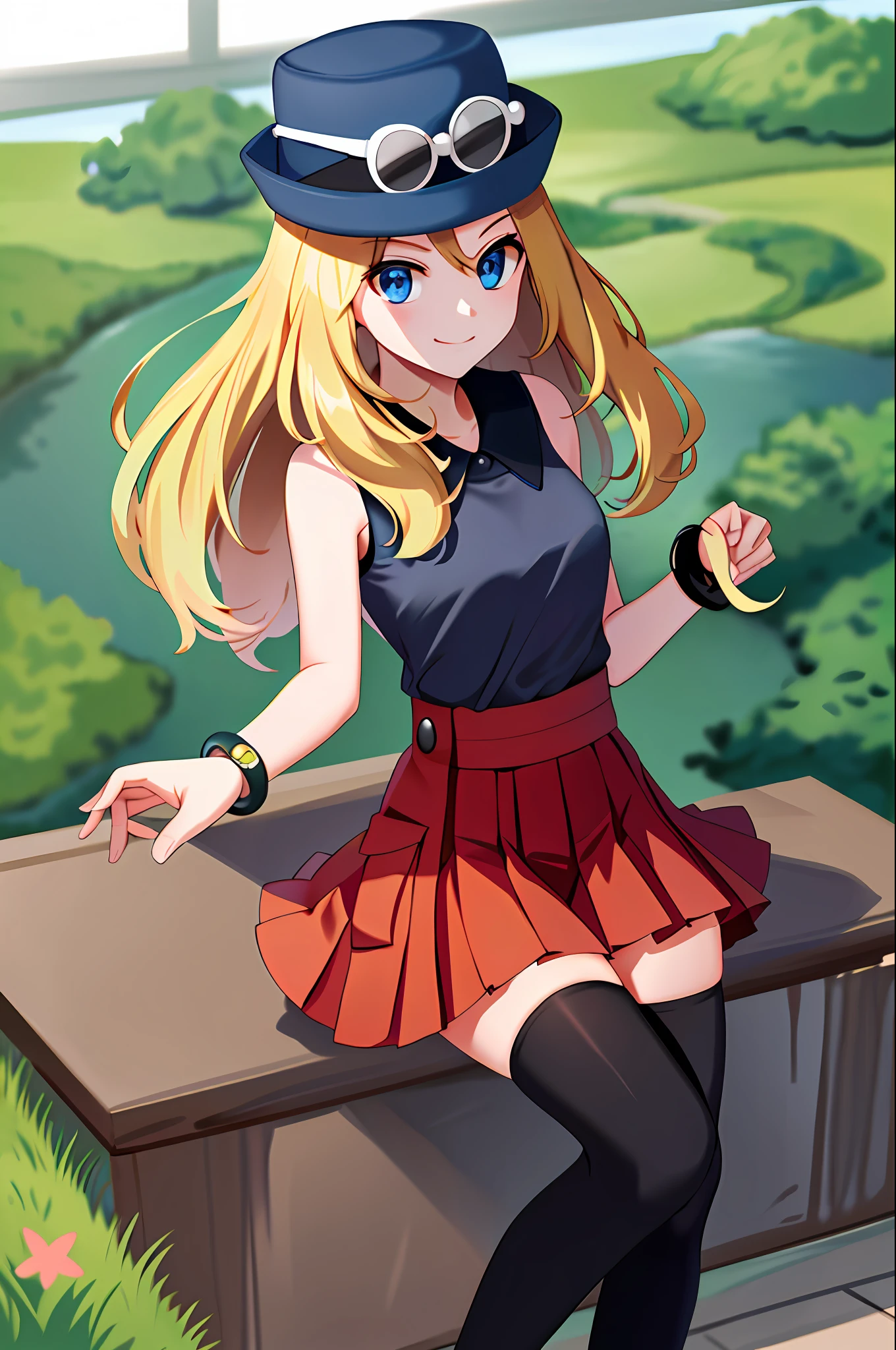 masterpiece, best quality, highres, blue eyes, serena \(pokemon\), 1girl, solo, thighhighs, long hair, hat, jewelry, bracelet, black thighhighs, collared shirt, pleated skirt, red skirt, sleeveless, high-waist skirt, sleeveless shirt, eyelashes, pink headwear, black shirt, eyewear on headwear, upper body, field, smile, closed mouth,