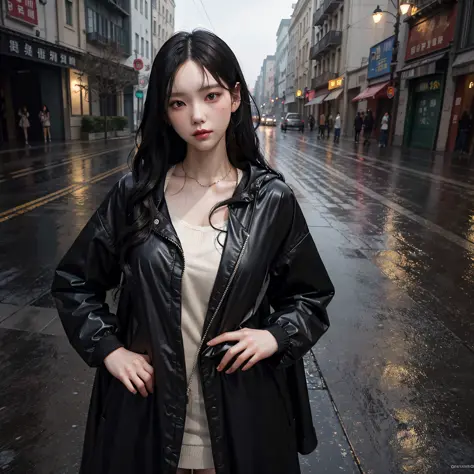a twenty years old woman with black wavy hair wearing tranparent rain coat get wet on raining street side in the night, sensual,...