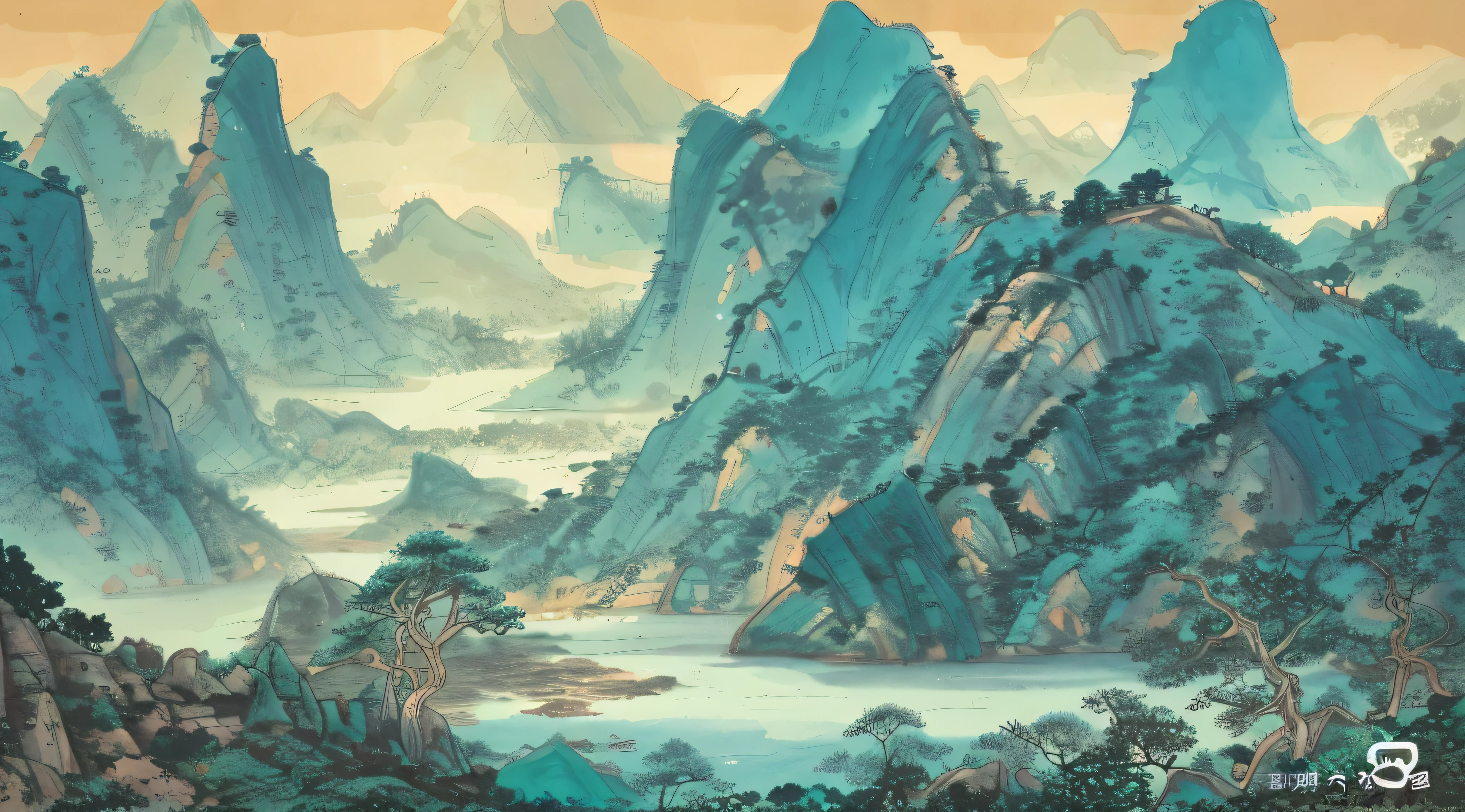 a close up of a painting of a mountain with a lake, chinese landscape, chinese painting style, inspired by Ma Yuan, song dynasty, detailed scenery —width 672, by Yang Buzhi, in a serene landscape, ancient china art style, by Wang Jian, chinese style painting, by Qiu Ying, ross tran. scenic background