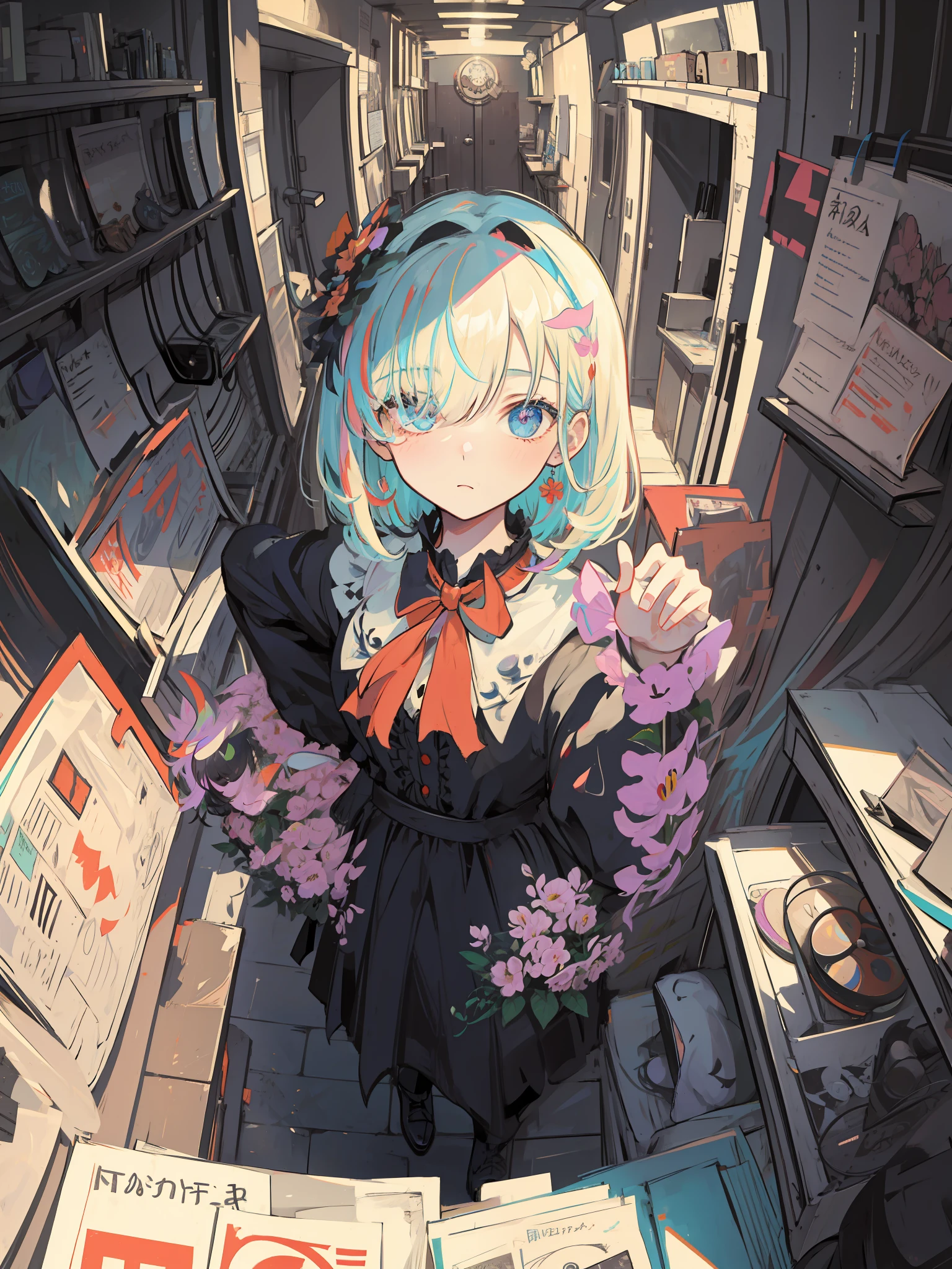 masterpiece, best quality, beautiful eyes, detailed eyes, detailed face, scenery, detailed CG, ultra-detailed, best shadow, depth of field, beautiful illustration, illustration, extremely beautiful, perfect details, 1girl, solo, joker, flowers, under cut, hair over one eye, dynamic pose, vibrant color, fisheye, skindentation, poker, fiew from above