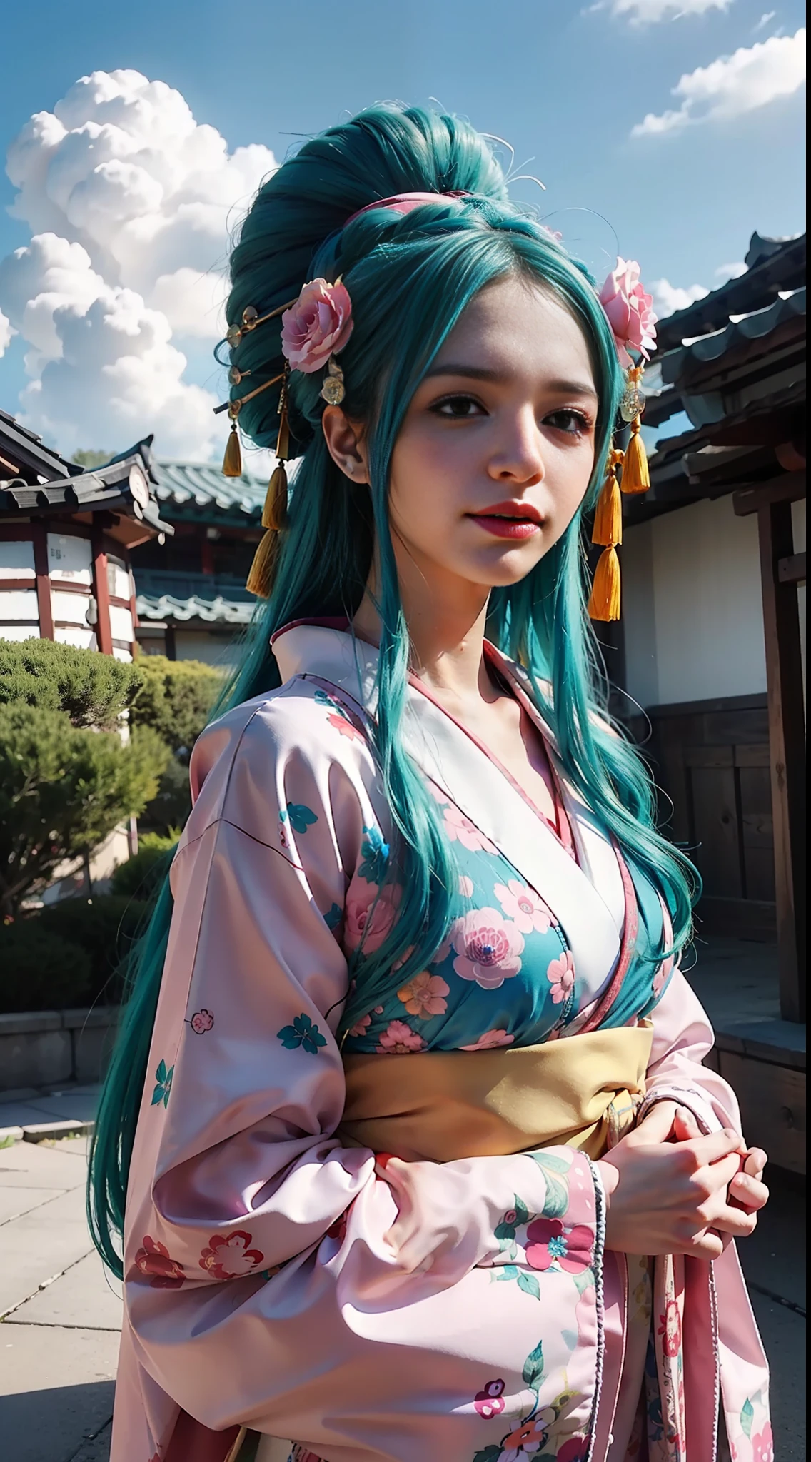 KozukiHiyori, (Aqua hair: 1.1), ((masterpiece: 1.4, best quality)), ((masterpiece, best quality)), (photo realistic: 1.4), female, hair ornament, hair flower, Japanese clothes, makeup, pink kimono, lipstick, long hair, hair stick, kanzashi, medium chest, japanese actress, big black eyes, cute, young, smiling, Japanese town, sky, clouds, full body, professional lighting, physically-based rendering