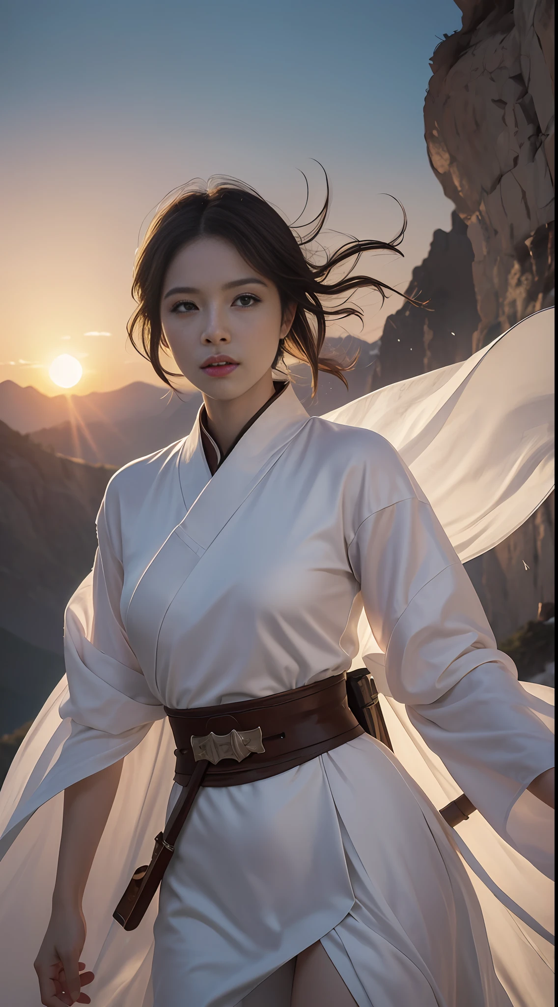 Close-up of a female warrior in a white dress, short hair, portrait of Yang J, cgsociety's popularity, fantasy art, beautiful character paintings, Guvitz-style artwork, Guwiz, white Hanfu, flowing white robes, full body martial arts, epic exquisite character art, stunning character art, beautiful female assassin, ((top quality, 8k, Masterpiece: 1.3)), sharp focus: 1.2, mountain background, sunset, war horse, real ancient battlefield, gunsmoke, cruel background