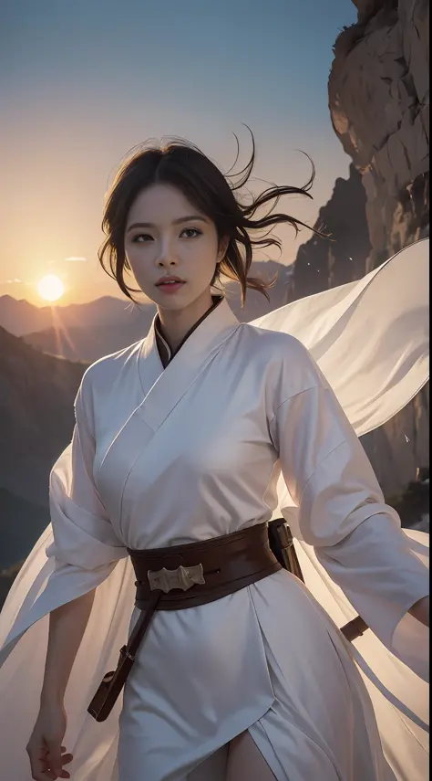 Close-up of a female warrior in a white dress, short hair, portrait of Yang J, cgsociety's popularity, fantasy art, beautiful character paintings, Guvitz-style artwork, Guwiz, white Hanfu, flowing white robes, full body martial arts, epic exquisite charact...