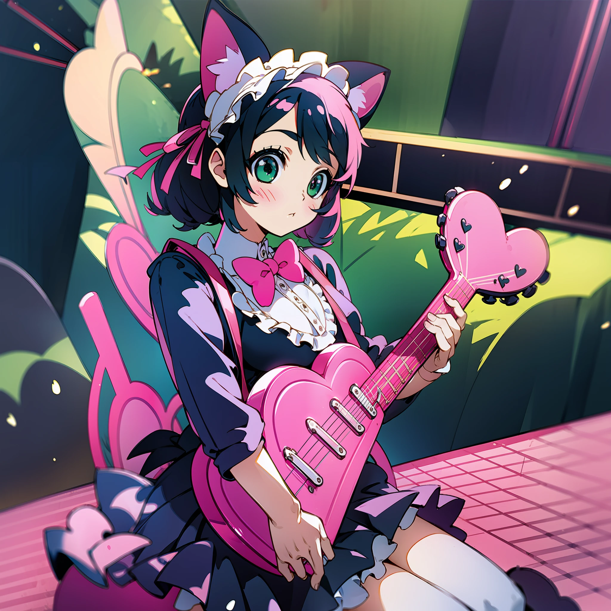 Cute, with a heart-shaped guitar, pink guitar, green eyes, cat ears, maid dress