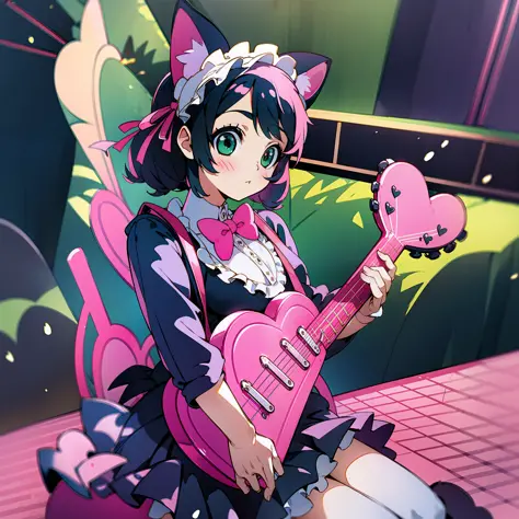 cute, with a heart-shaped guitar, pink guitar, green eyes, cat ears, maid dress