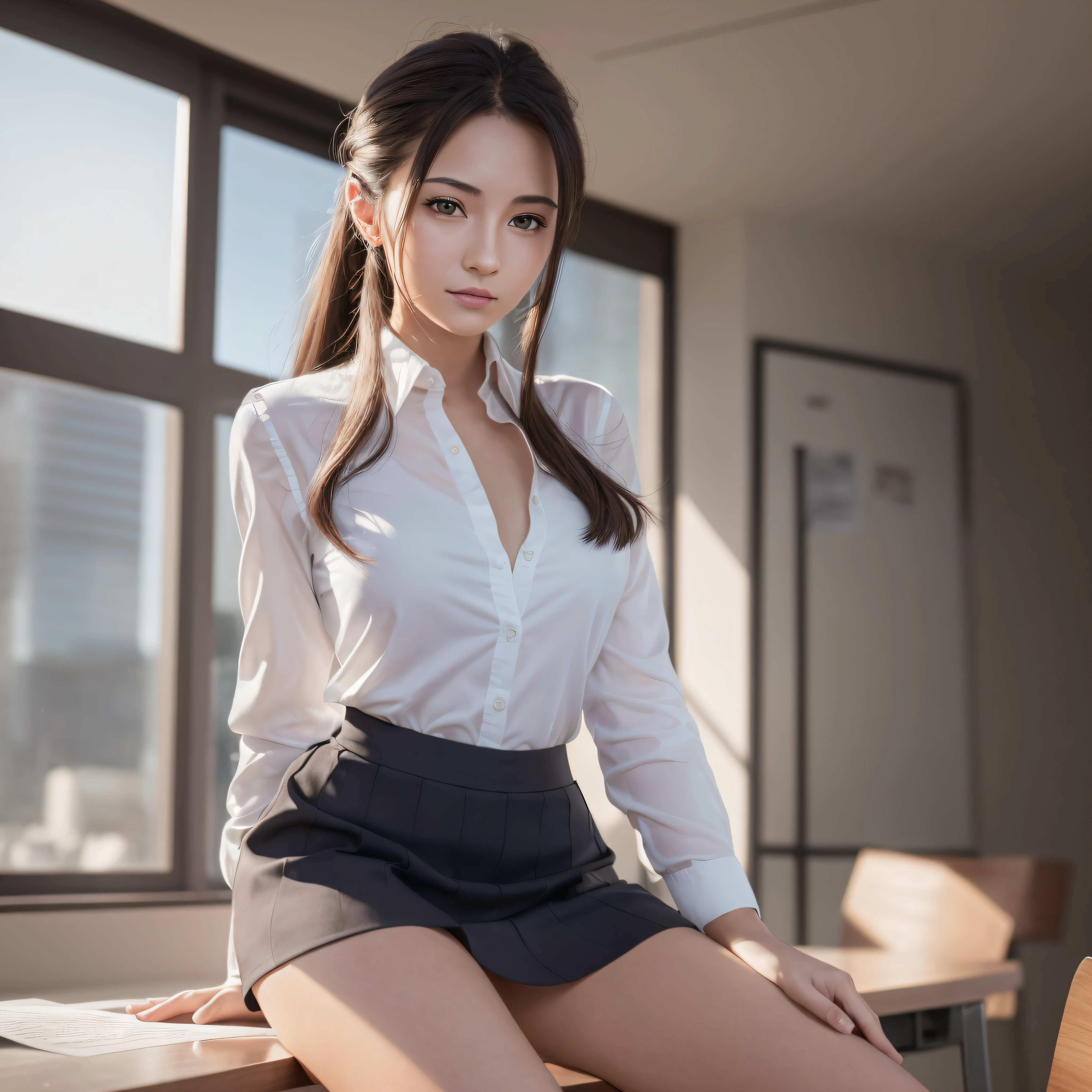 (8k, RAW photos, top quality, masterpiece: 1.2), super detail, ultra high resolution, (photorealistic, photorealistic photos: 1.37), portraits, high detail RAW color photos, professional photos, particle texture photos, very delicate and beautiful, very detailed, 8k wallpapers, amazingly detailed details, huge file size, highly detailed CG Unity 8k wallpapers, very detailed beautiful girl, very detailed face, very detailed eyes, very detailed skin, very detailed fingers, very detailed nose, no tie, no earring, business clothes, bank uniform, white blouse, blouse with collar, business vest, bright light blue vest, boole check, 1 girl, (25 years old: 1.2), 20s, cute girl, realistic body, light makeup, very small mouth, thin lips, no eye makeup, rough skin, slender body, dark hair, smile, cute face, ponytail, hair behind the ears, facial pores, realistic face, delicate eyes, drooping eyes, looking forward, standing pose, contra, cowboy shot, alafed woman sitting on desk, graceful legs, long thin legs, thighs and skirt, long legs, standing in class, very beautiful slim legs, Very beautiful long slim legs, sitting on desk, office clothes, nice legs, good waist and long legs, beautiful legs, surreal , cleavage, big, round breasts in front --auto --s2