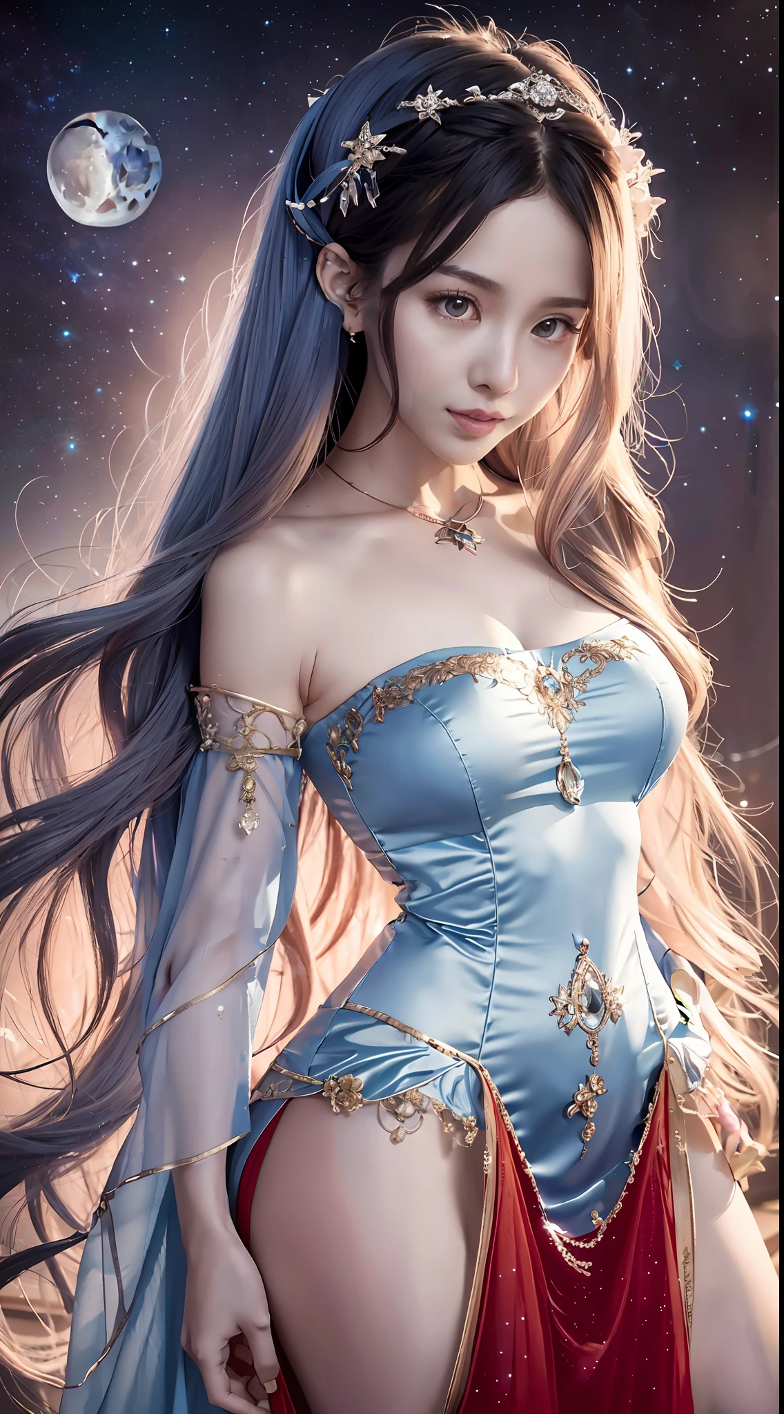 There is a woman in a red dress posing for a photo, moon themed costume, astral witch costume, fantasy costume, live-action girl cosplay, beautiful celestial mage, inspired by cold plum, bandeau dress, popular on cgstation, celestial goddess, April rendering, light blue, dreamy medium portrait top light, light blue skin, amouranth, fantasy dress