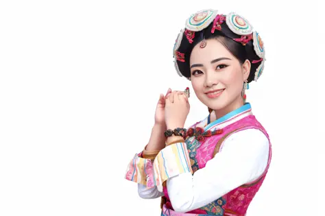 there is a woman in a colorful dress and hat posing for a picture, traditional tai costume, traditional costume, chinese woman, nezha, traditional dress, traditional clothes, traditional chinese clothing, traditional clothing, tai costume, wearing authenti...