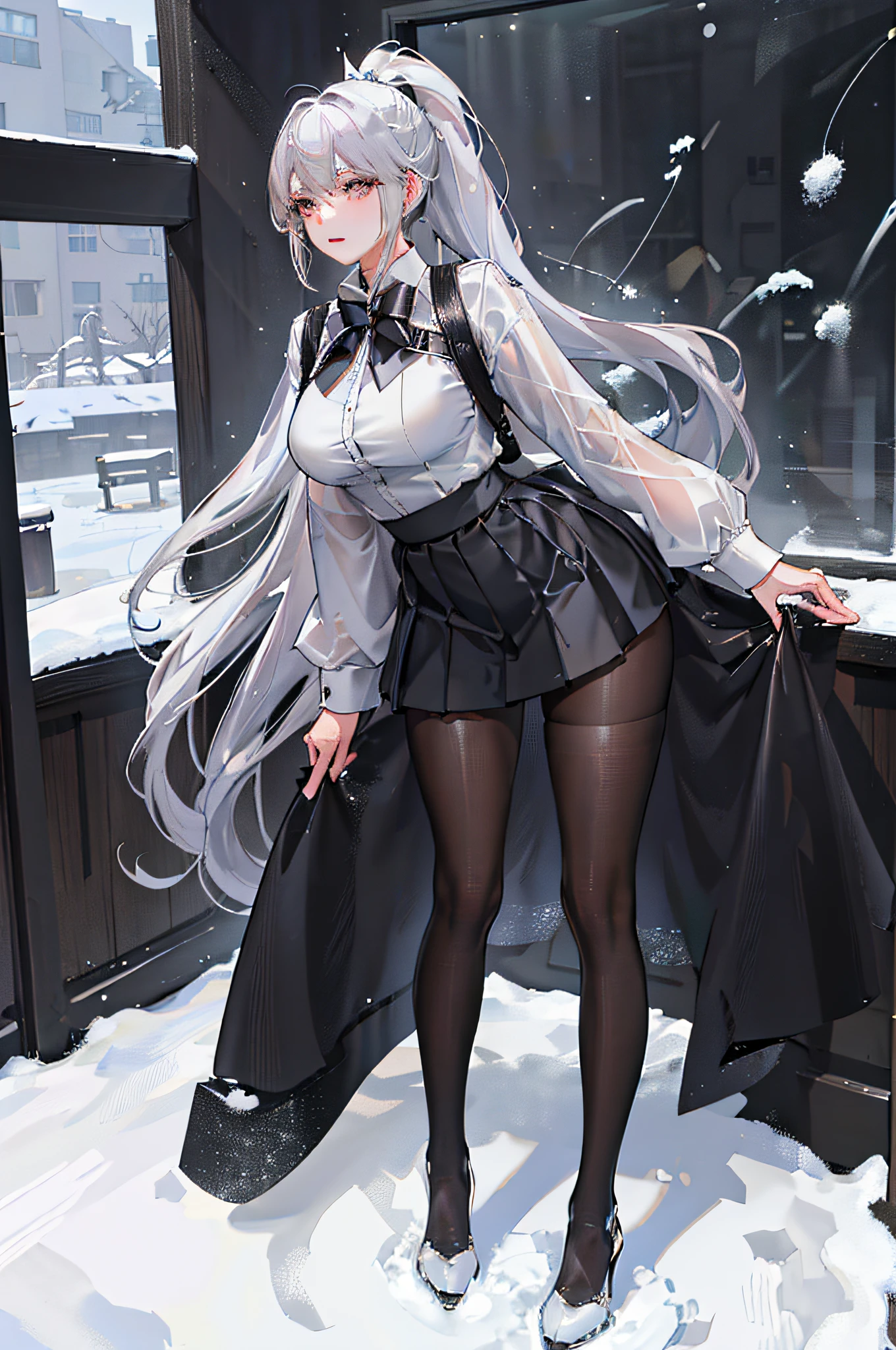 (Silver-haired girl with beautiful figure: 1.3), (Girl with high ponytail: 1.2), (curvy girl wearing white shirt + black pleated skirt + black transparent pantyhose), ray tracing, emphasizing snow-white skin and slender legs, full of temperament.
